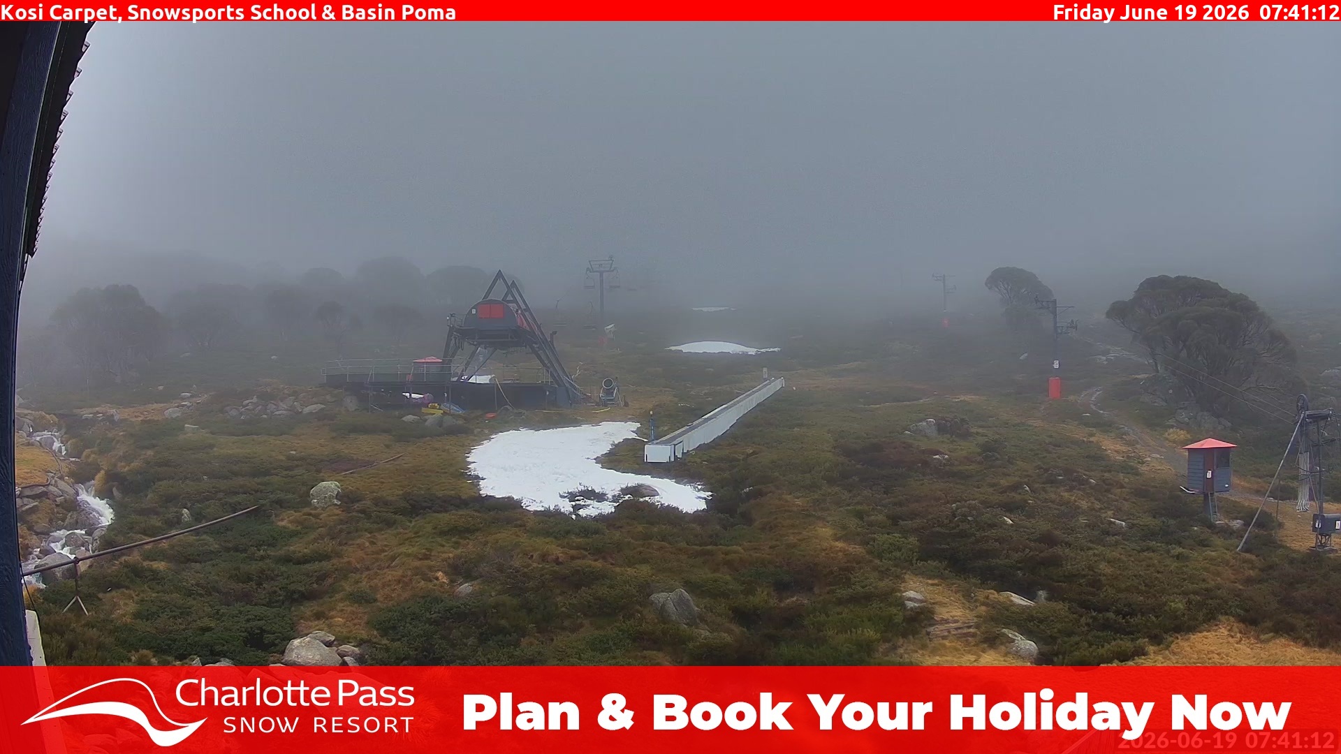 Charlotte Pass Kosi Carpet, Snowsports School and Basin Poma snow cam captured at 18 June 2026, 9:41 pm