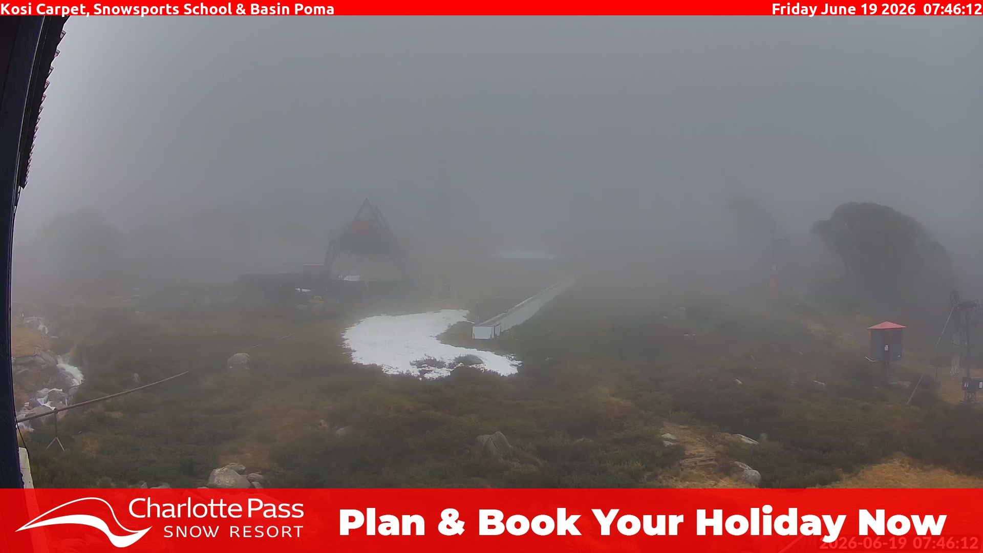 Charlotte Pass Kosi Carpet, Snowsports School and Basin Poma snow cam captured at 18 June 2026, 9:47 pm