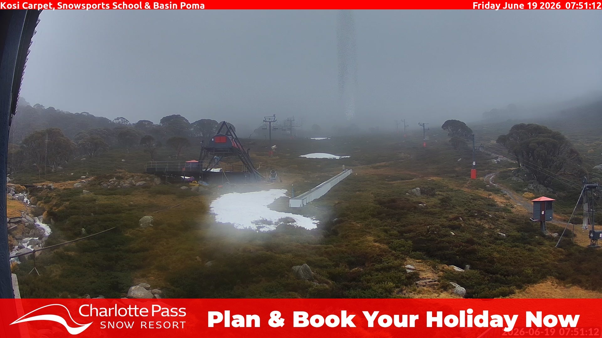 Charlotte Pass Kosi Carpet, Snowsports School and Basin Poma snow cam captured at 18 June 2026, 9:53 pm
