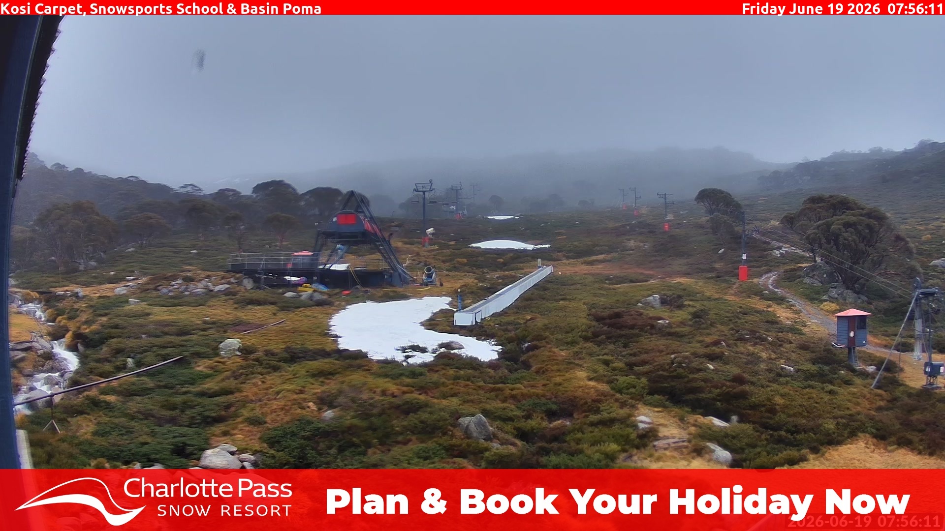 Charlotte Pass Kosi Carpet, Snowsports School and Basin Poma snow cam captured at 18 June 2026, 9:59 pm