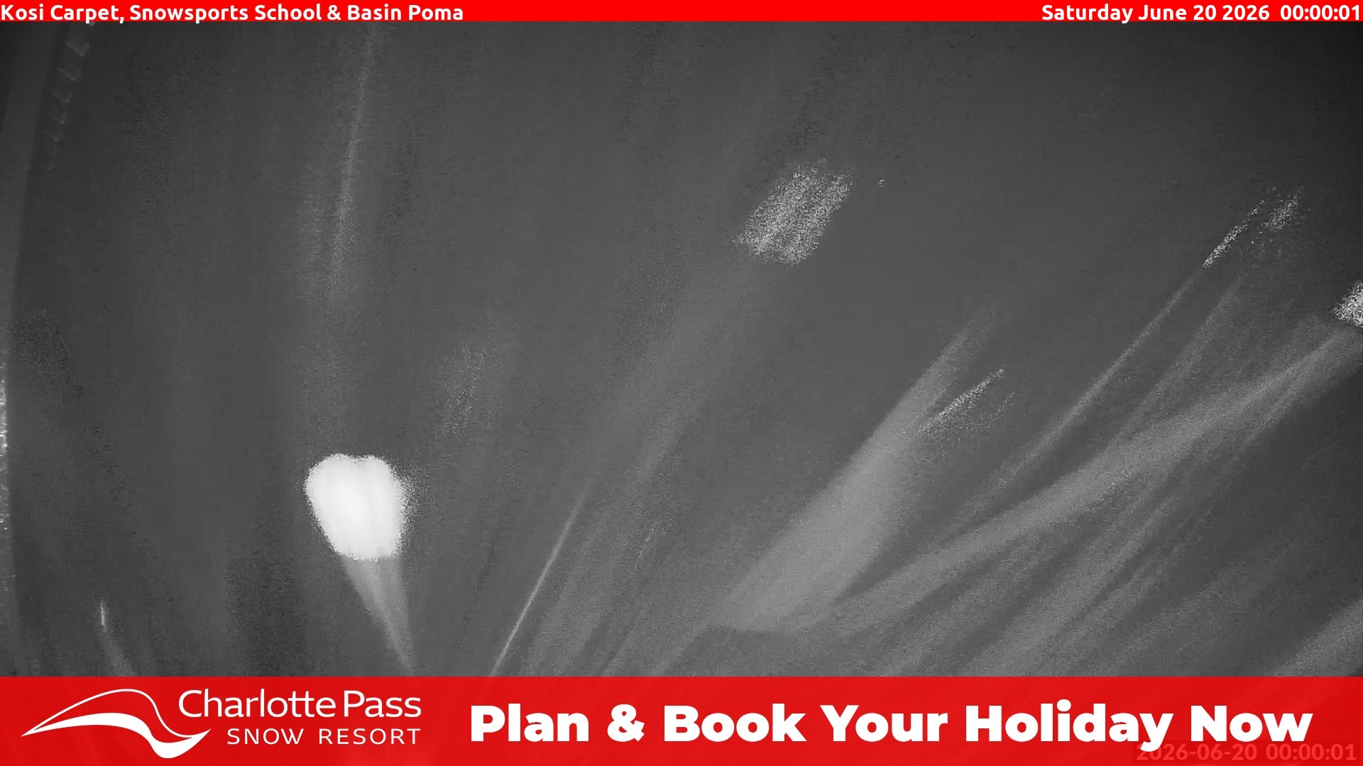 Charlotte Pass Kosi Carpet, Snowsports School and Basin Poma snow cam captured at 19 June 2026, 2:00 pm