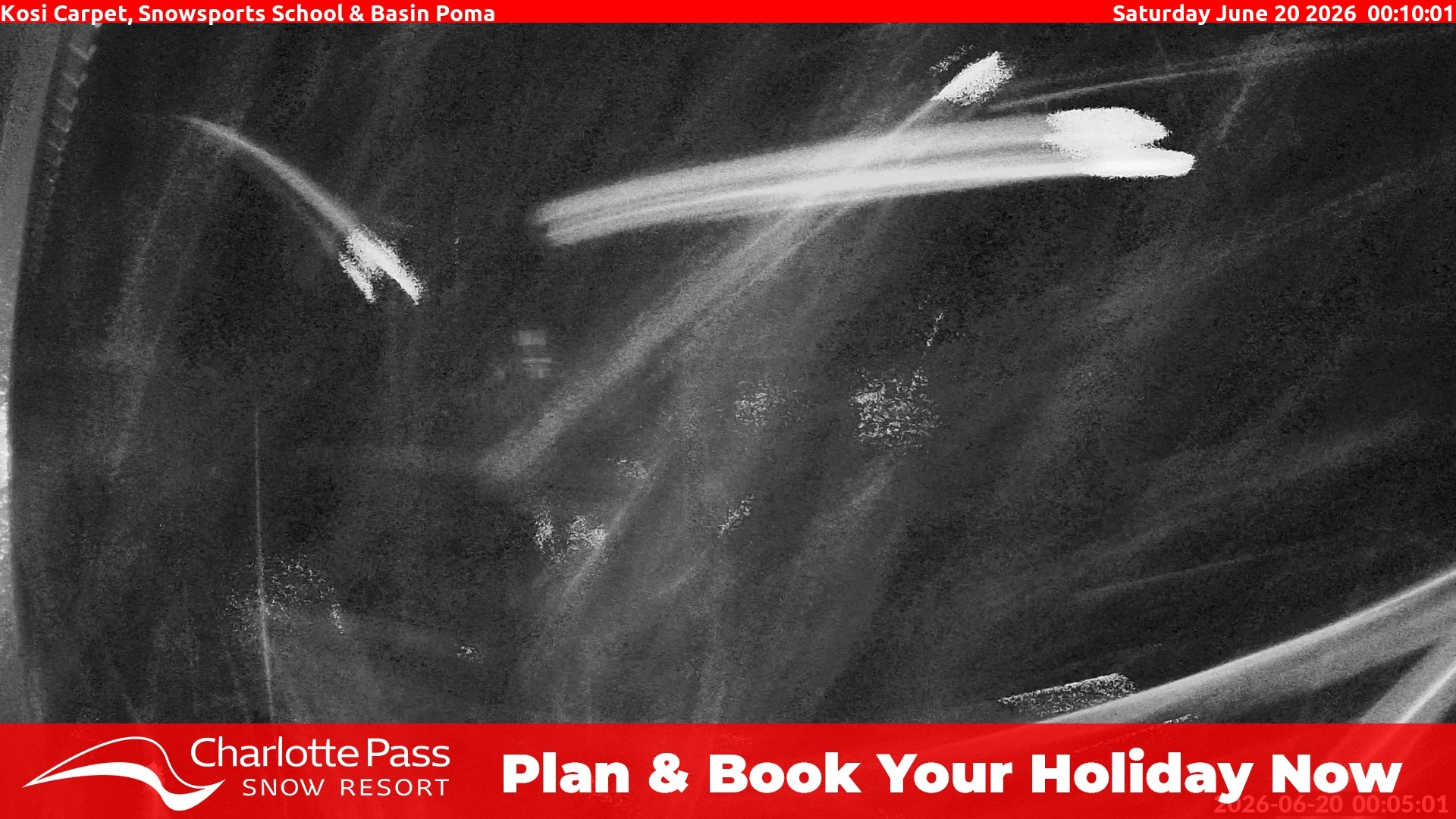 Charlotte Pass Kosi Carpet, Snowsports School and Basin Poma snow cam captured at 19 June 2026, 2:12 pm