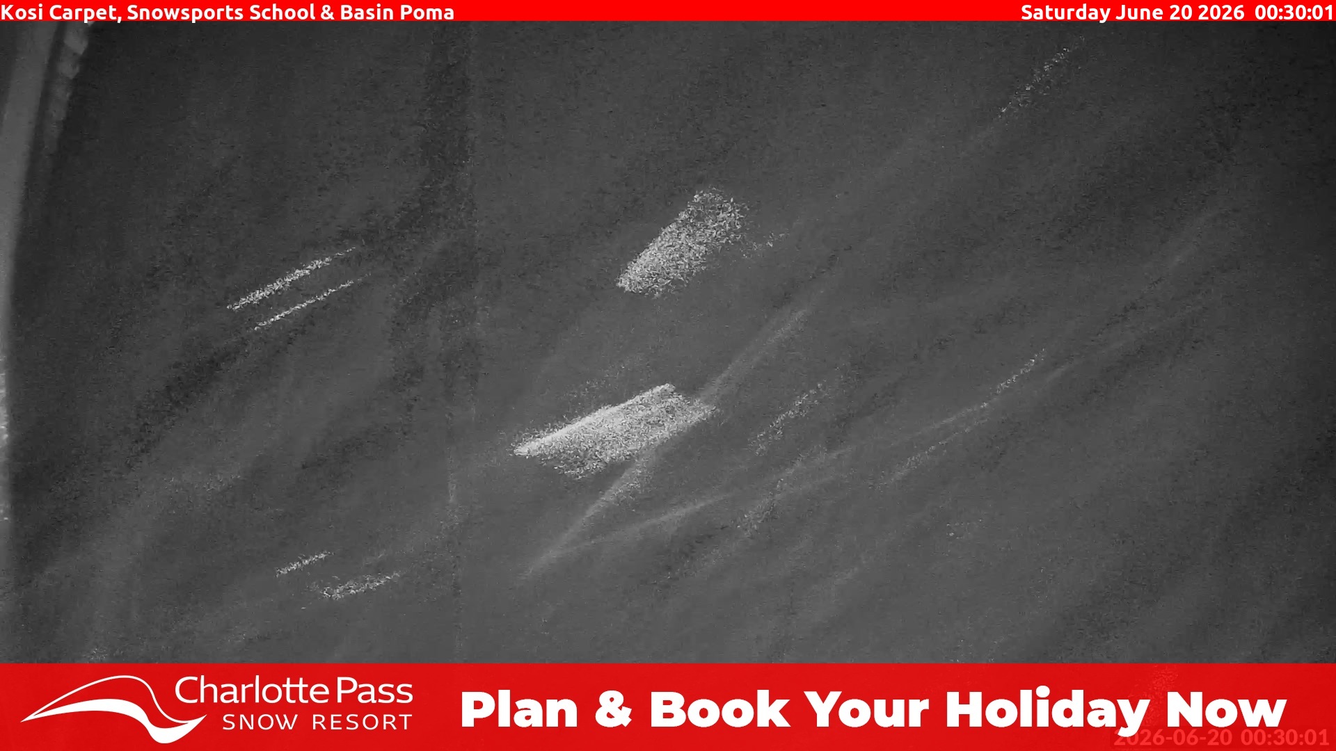 Charlotte Pass Kosi Carpet, Snowsports School and Basin Poma snow cam captured at 19 June 2026, 2:30 pm