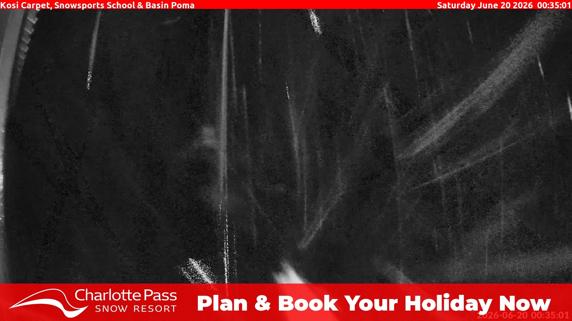 Charlotte Pass Kosi Carpet, Snowsports School and Basin Poma snow cam captured at 19 June 2026, 2:36 pm