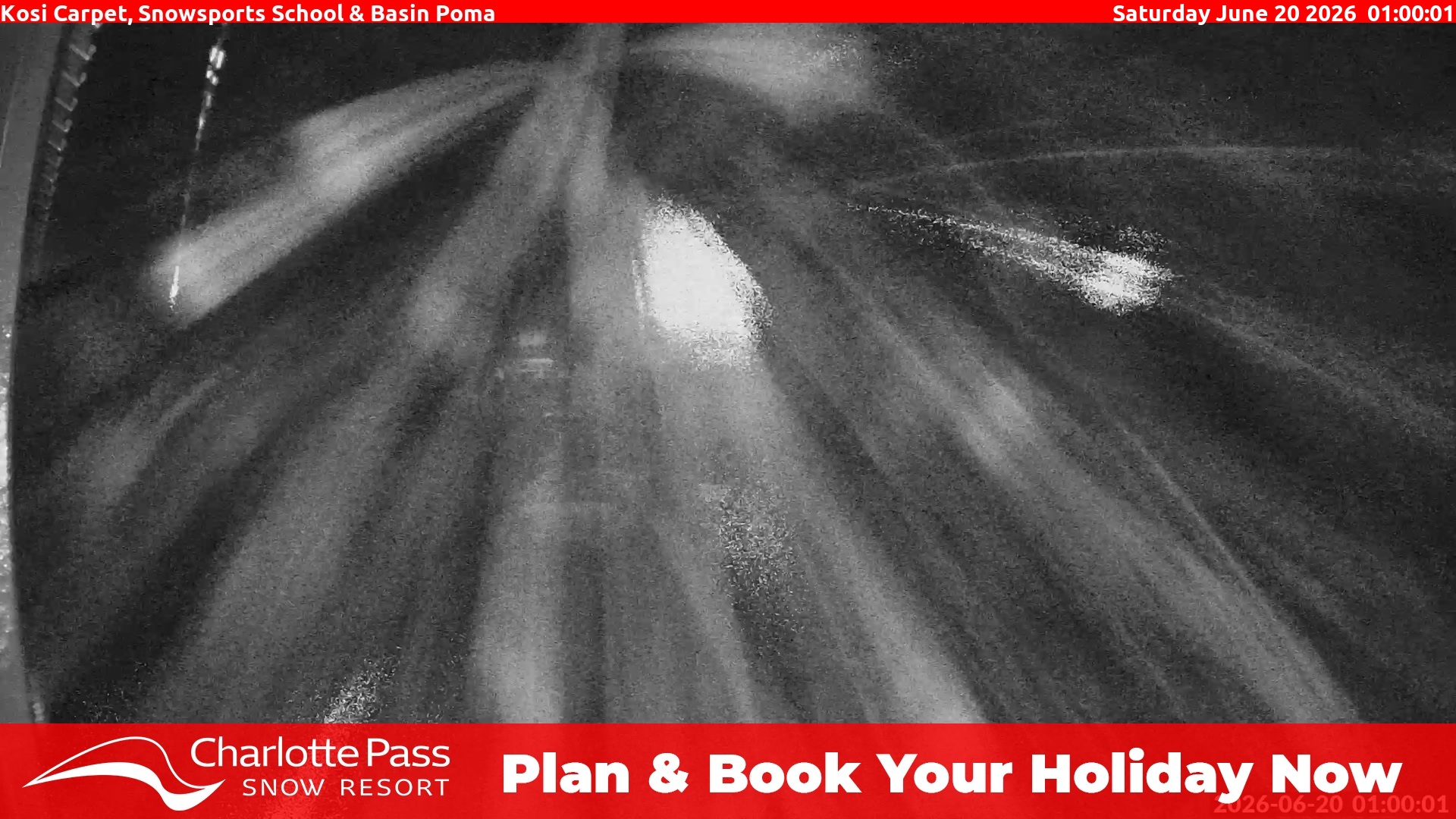 Charlotte Pass Kosi Carpet, Snowsports School and Basin Poma snow cam captured at 19 June 2026, 3:00 pm