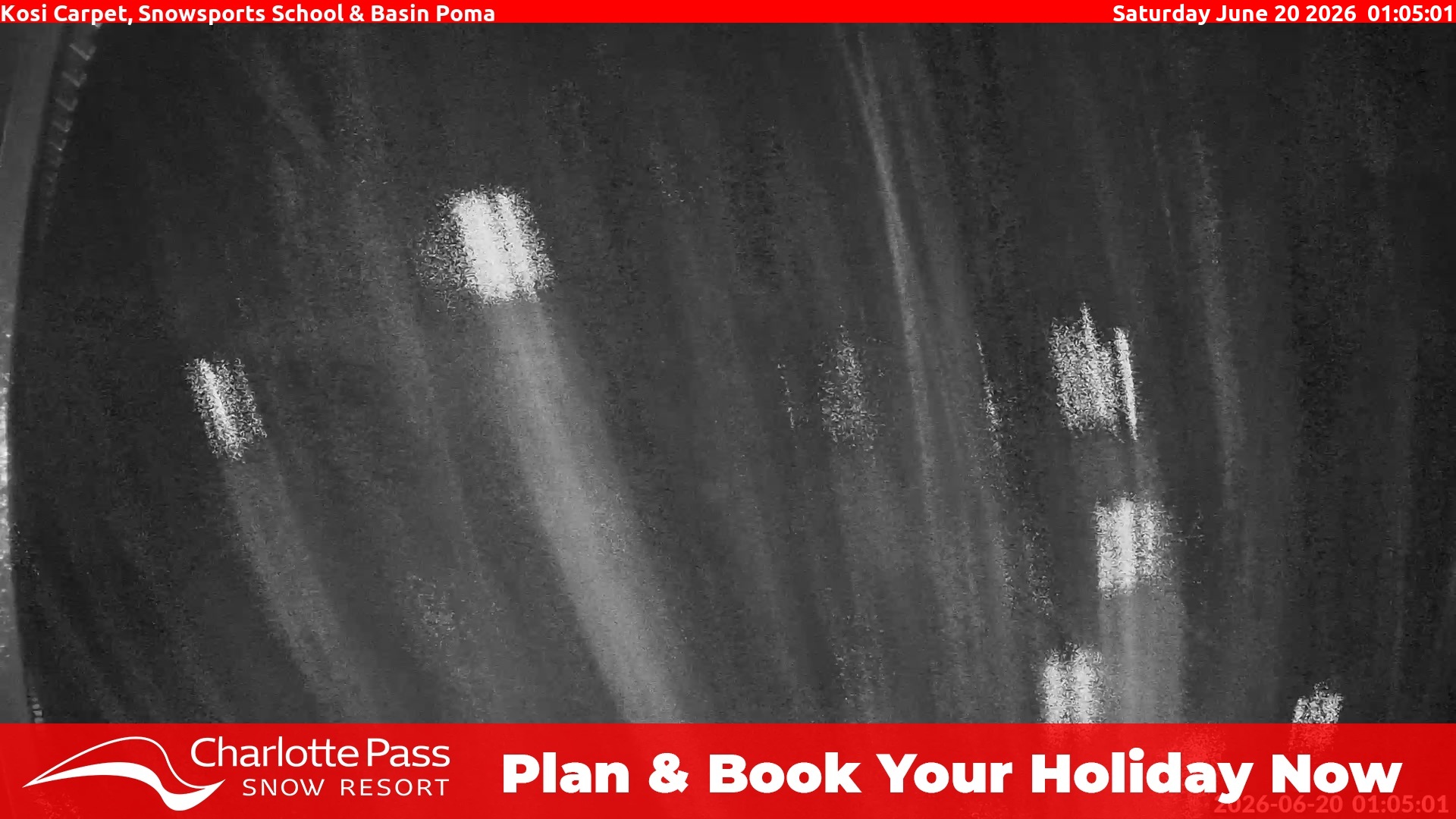 Charlotte Pass Kosi Carpet, Snowsports School and Basin Poma snow cam captured at 19 June 2026, 3:06 pm
