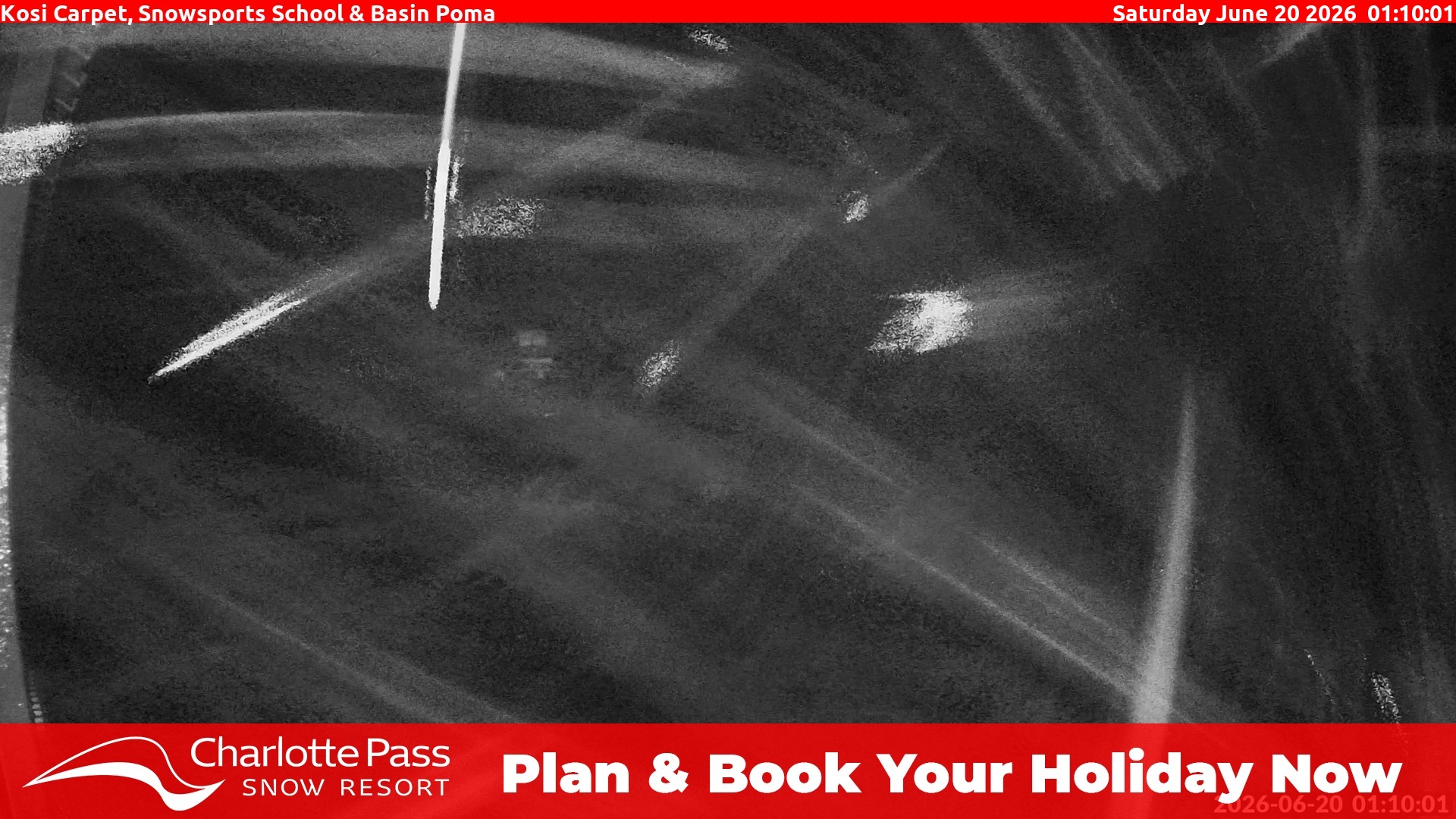 Charlotte Pass Kosi Carpet, Snowsports School and Basin Poma snow cam captured at 19 June 2026, 3:12 pm