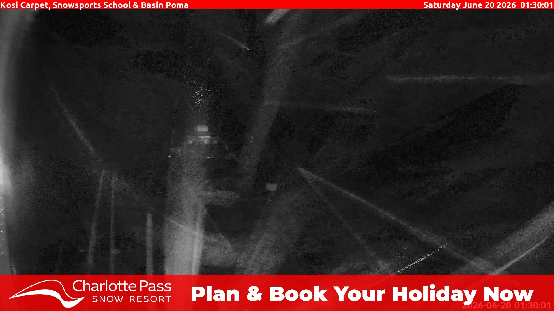 Charlotte Pass Kosi Carpet, Snowsports School and Basin Poma snow cam captured at 19 June 2026, 3:30 pm