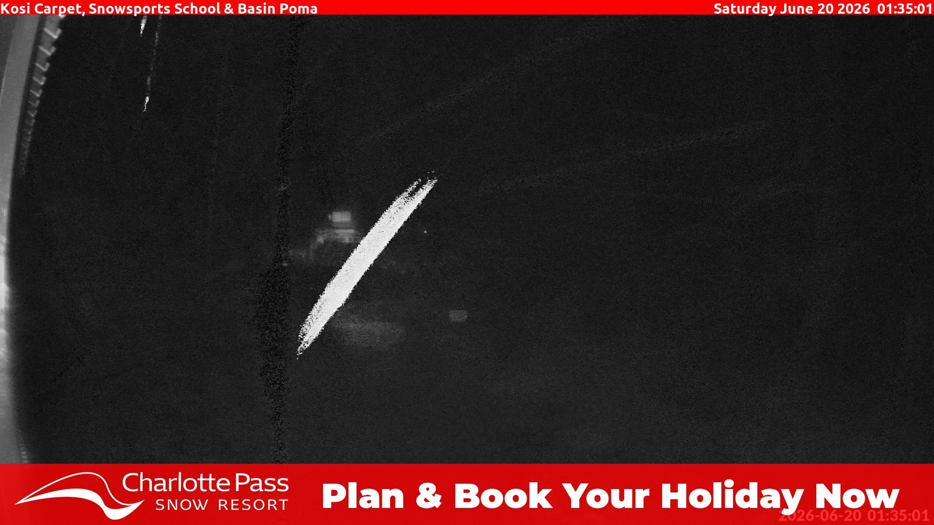 Charlotte Pass Kosi Carpet, Snowsports School and Basin Poma snow cam captured at 19 June 2026, 3:36 pm
