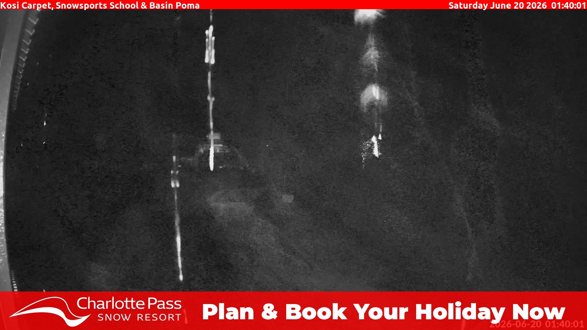 Charlotte Pass Kosi Carpet, Snowsports School and Basin Poma snow cam captured at 19 June 2026, 3:42 pm