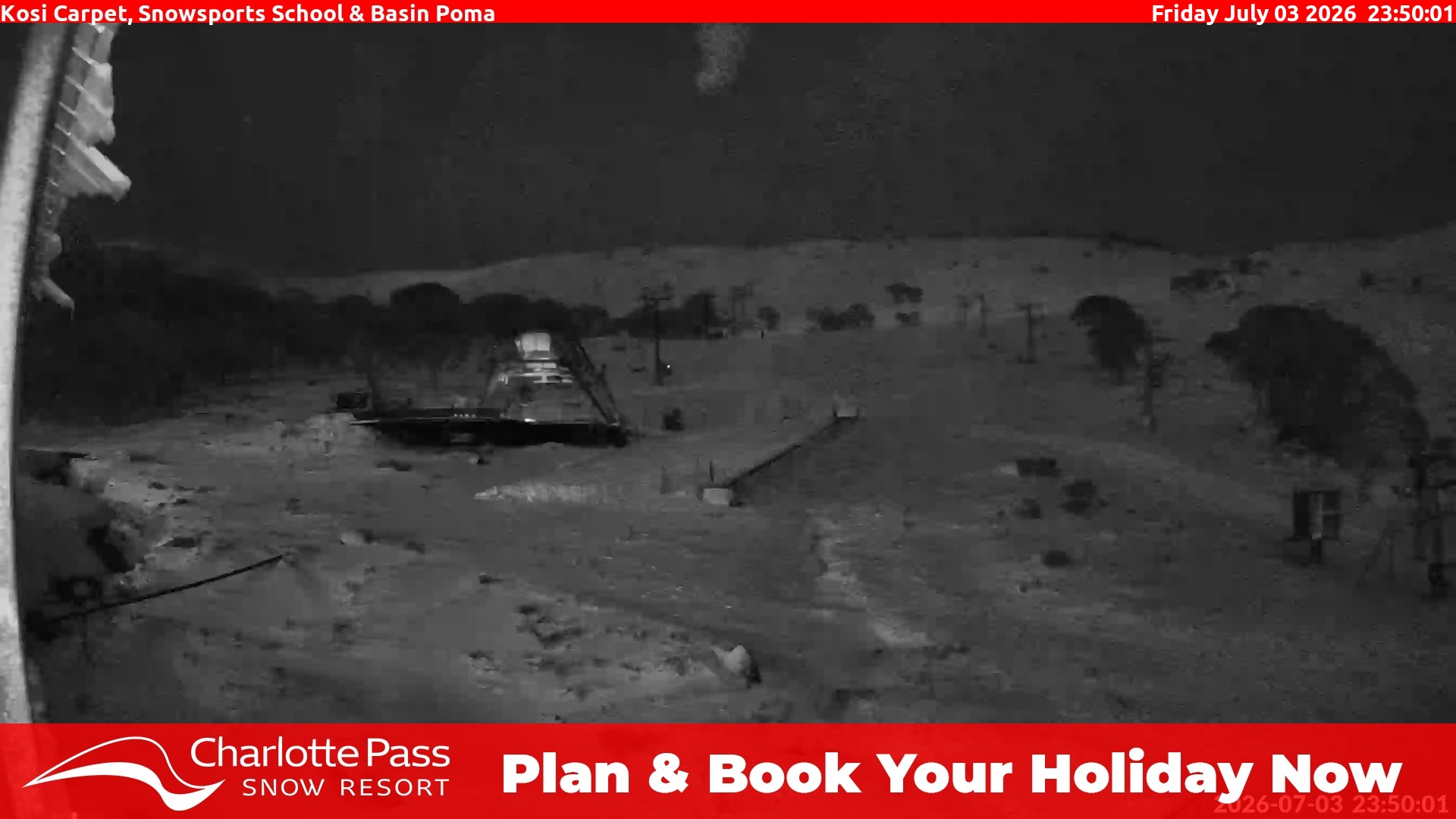 Charlotte Pass Kosi Carpet, Snowsports School and Basin Poma snow cam captured at 3 July 2026 at 11:52 pm AEST