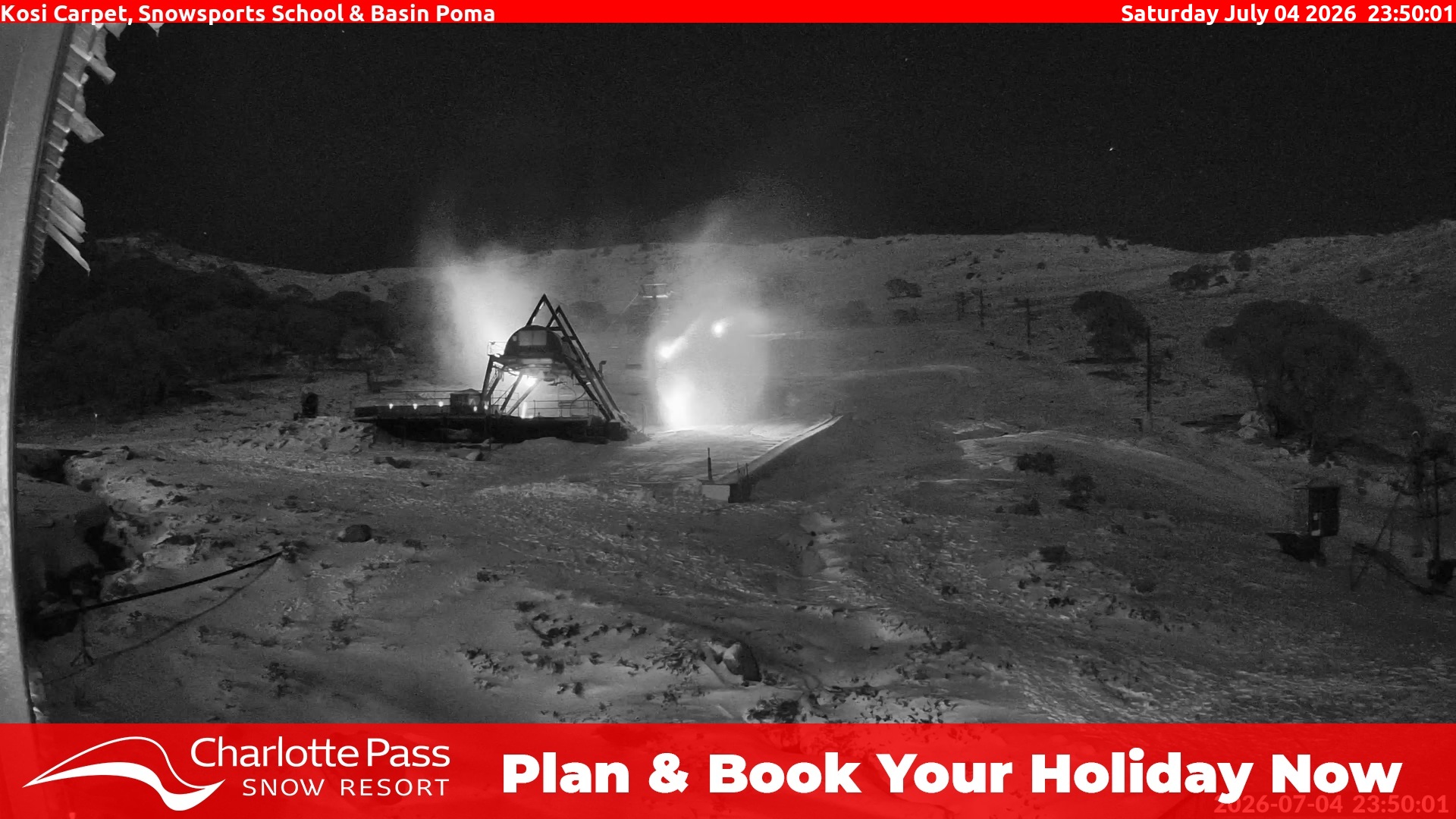 Charlotte Pass Kosi Carpet, Snowsports School and Basin Poma snow cam captured at 4 July 2026 at 11:53 pm AEST