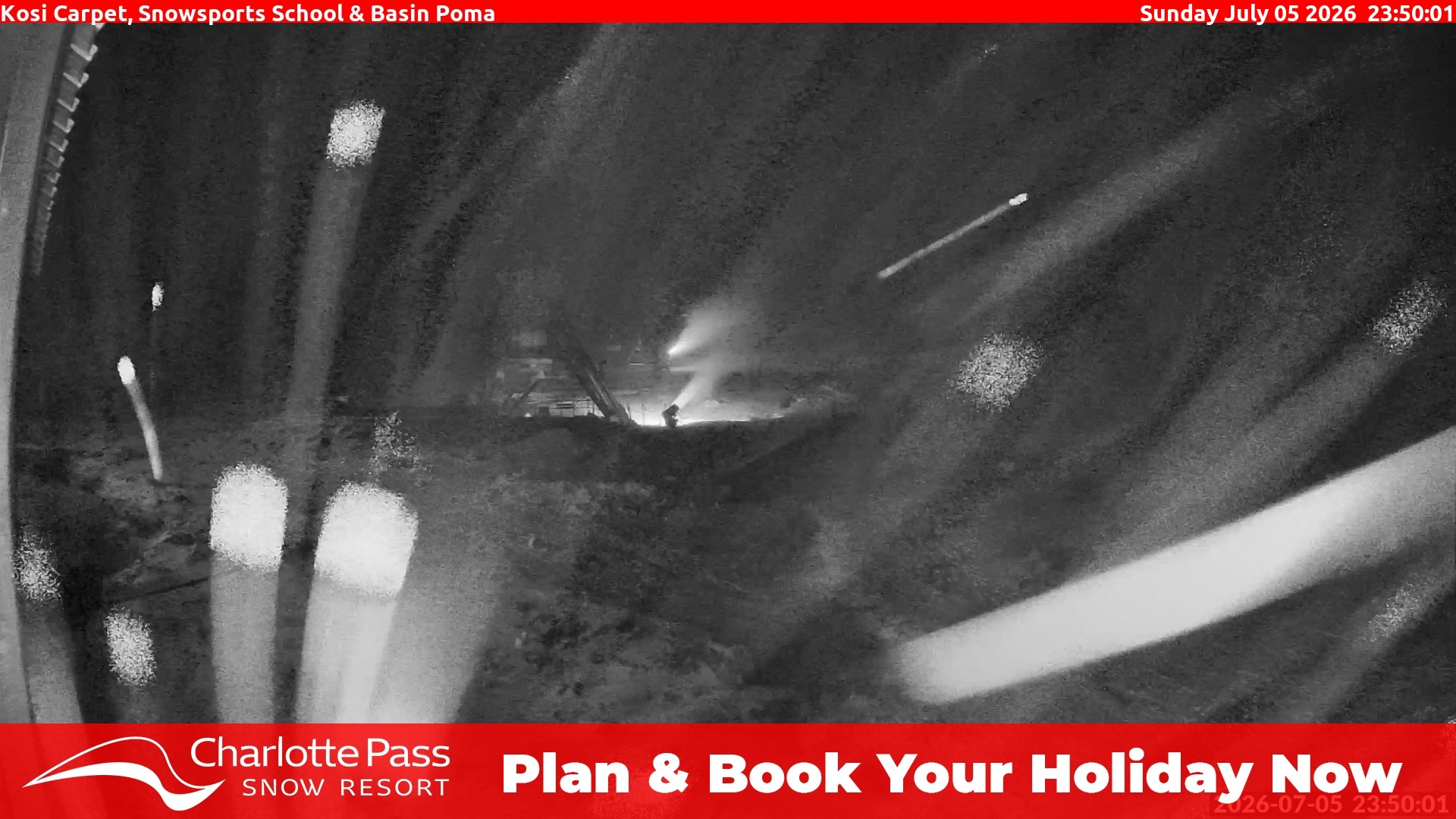 Charlotte Pass Kosi Carpet, Snowsports School and Basin Poma snow cam captured at 5 July 2026 at 11:54 pm AEST