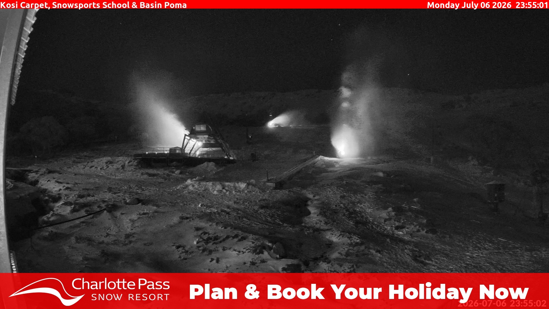 Charlotte Pass Kosi Carpet, Snowsports School and Basin Poma snow cam captured at 6 July 2026 at 11:55 pm AEST