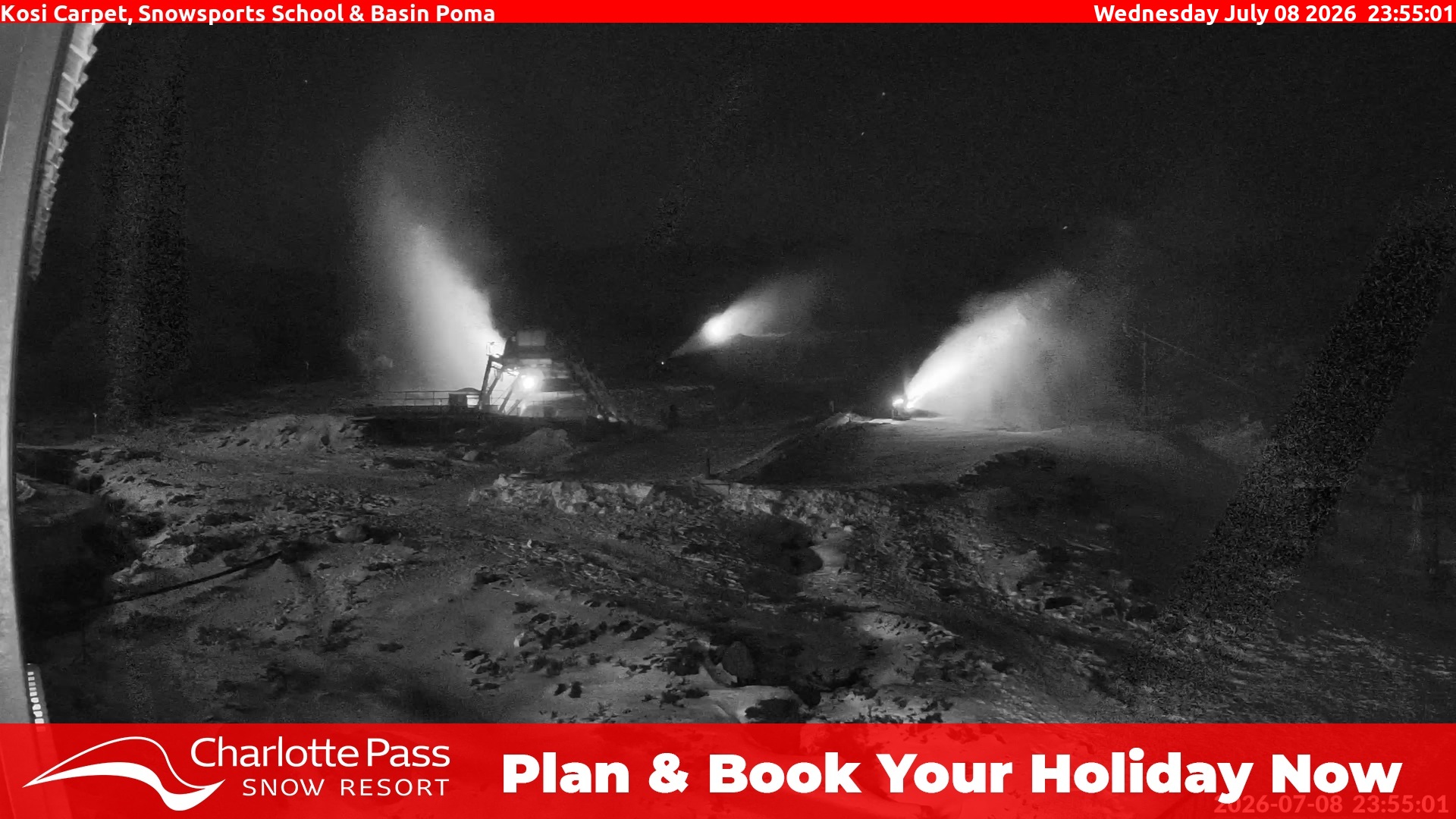 Charlotte Pass Kosi Carpet, Snowsports School and Basin Poma snow cam captured at 8 July 2026 at 11:57 pm AEST