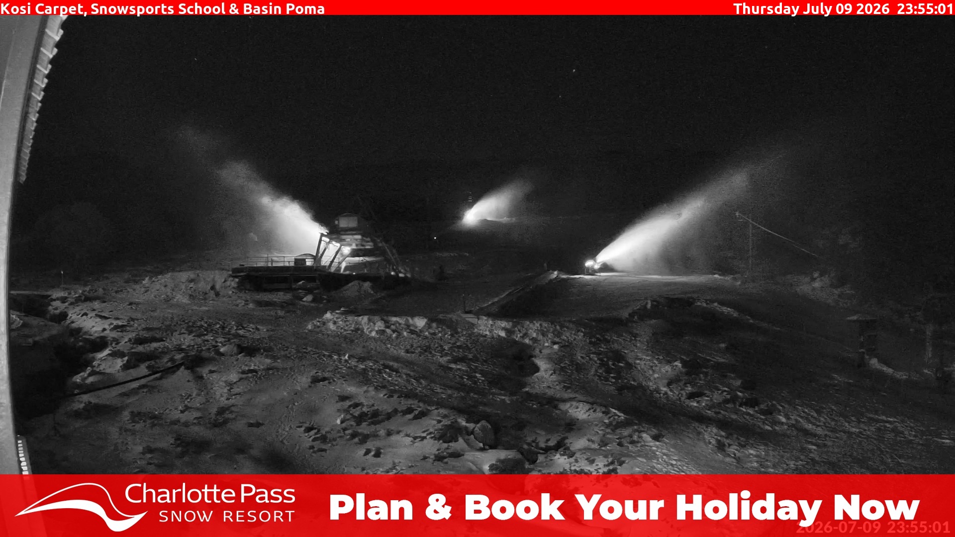 Charlotte Pass Kosi Carpet, Snowsports School and Basin Poma snow cam captured at 9 July 2026 at 11:58 pm AEST