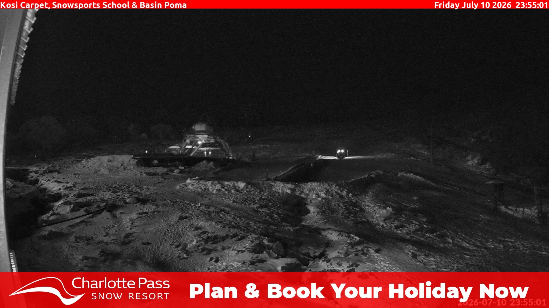 Charlotte Pass Kosi Carpet, Snowsports School and Basin Poma snow cam captured at 10 July 2026 at 11:59 pm AEST