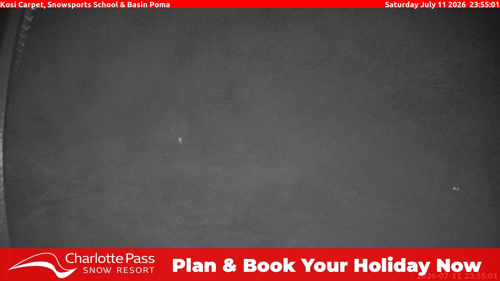 Charlotte Pass Kosi Carpet, Snowsports School and Basin Poma snow cam captured at 11 July 2026 at 11:59 pm AEST