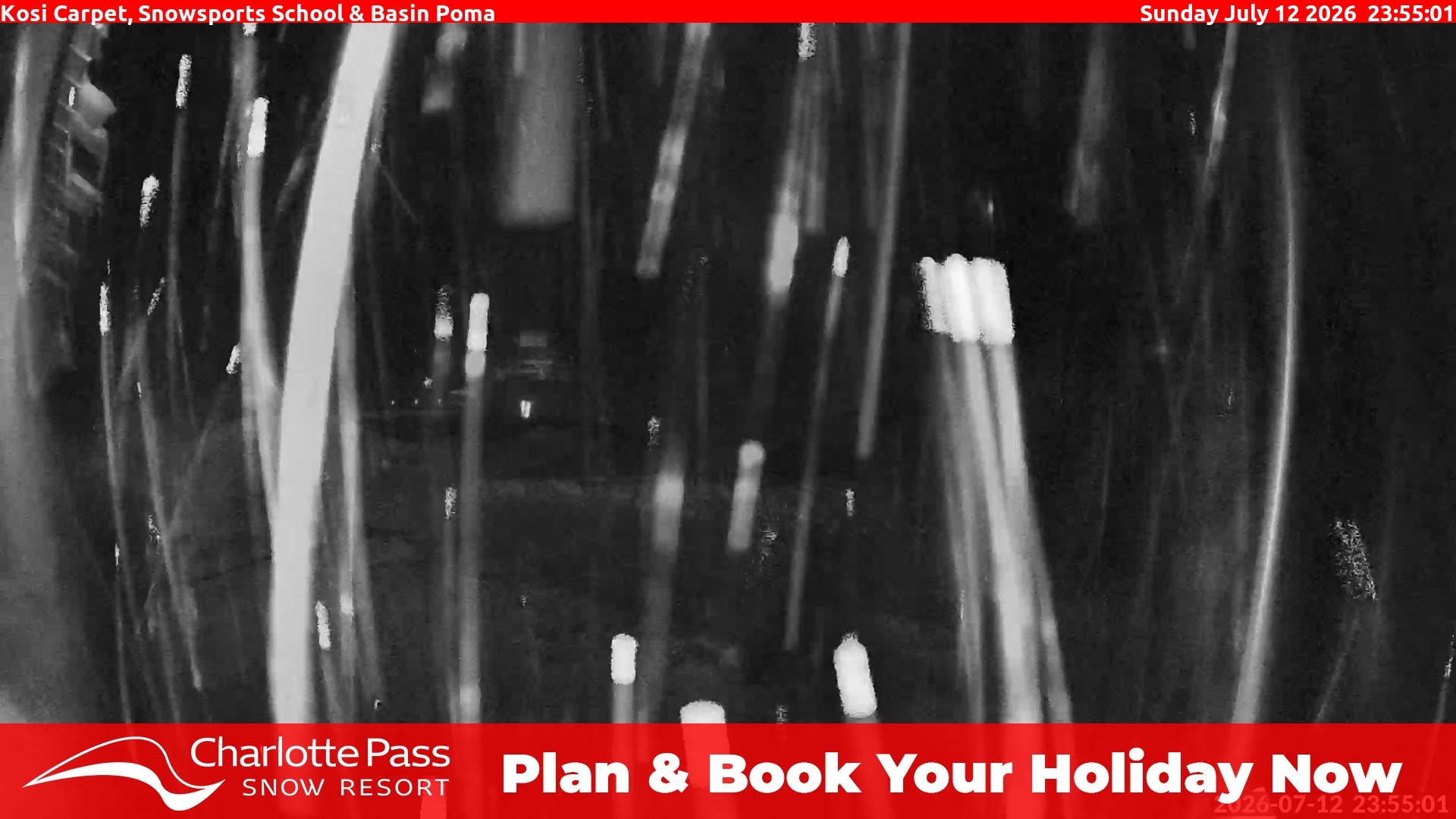 Charlotte Pass Kosi Carpet, Snowsports School and Basin Poma snow cam captured at 12 July 2026 at 11:56 pm AEST