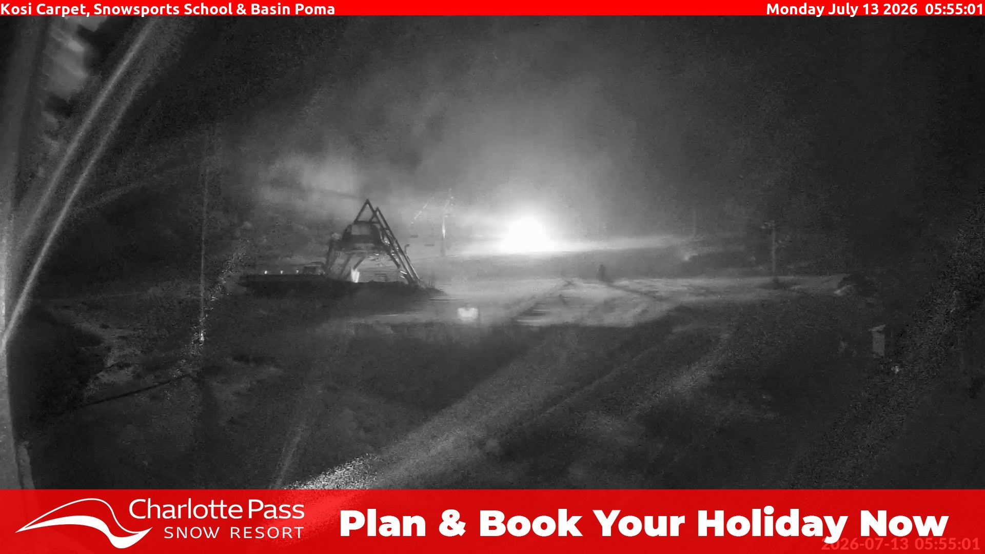 Charlotte Pass Kosi Carpet, Snowsports School and Basin Poma snow cam captured at 13 July 2026 at 5:59 am AEST