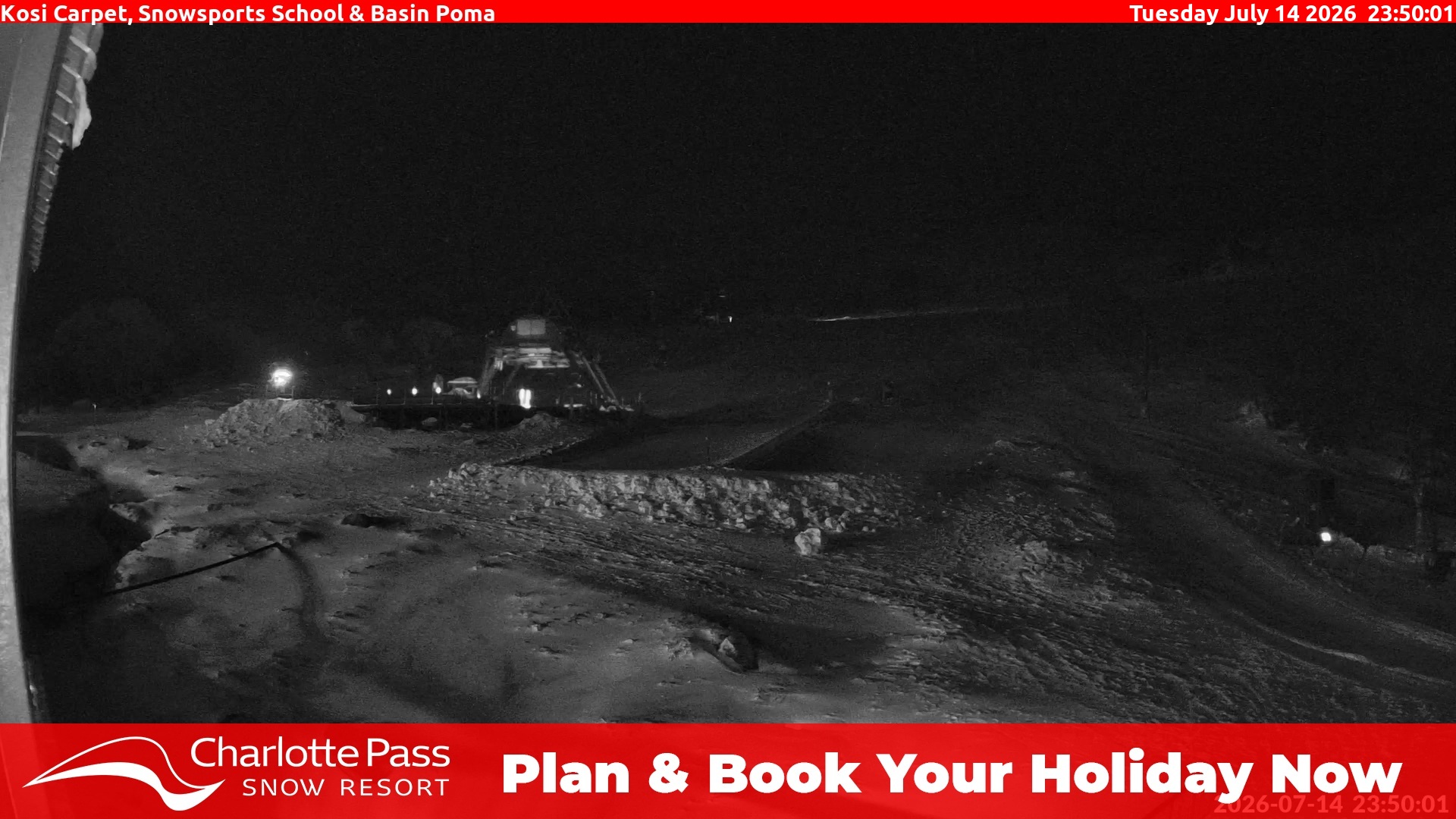 Charlotte Pass Kosi Carpet, Snowsports School and Basin Poma snow cam captured at 14 July 2026 at 11:53 pm AEST