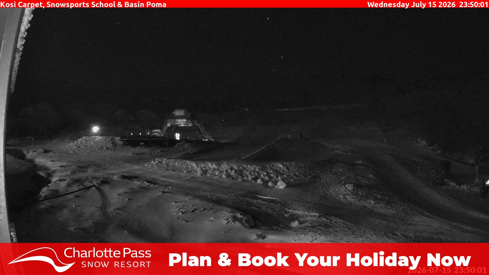 Charlotte Pass Kosi Carpet, Snowsports School and Basin Poma snow cam captured at 15 July 2026 at 11:54 pm AEST
