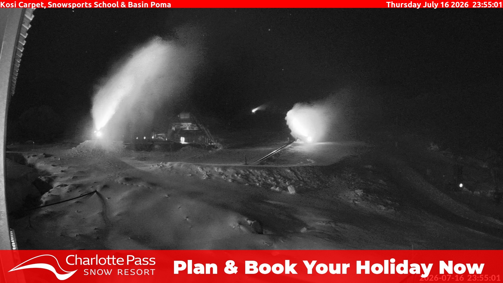 Charlotte Pass Kosi Carpet, Snowsports School and Basin Poma snow cam captured at 16 July 2026 at 11:55 pm AEST