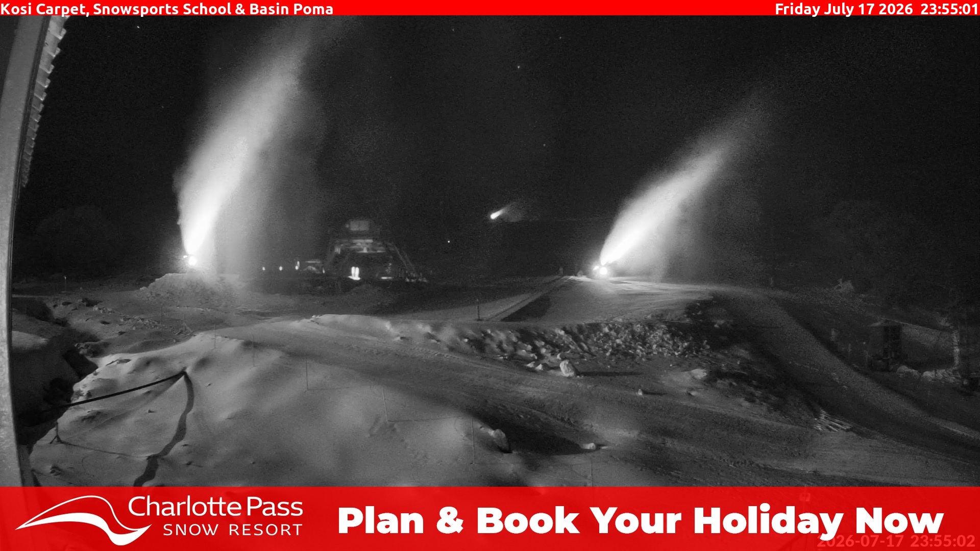 Charlotte Pass Kosi Carpet, Snowsports School and Basin Poma snow cam captured at 17 July 2026 at 11:56 pm AEST