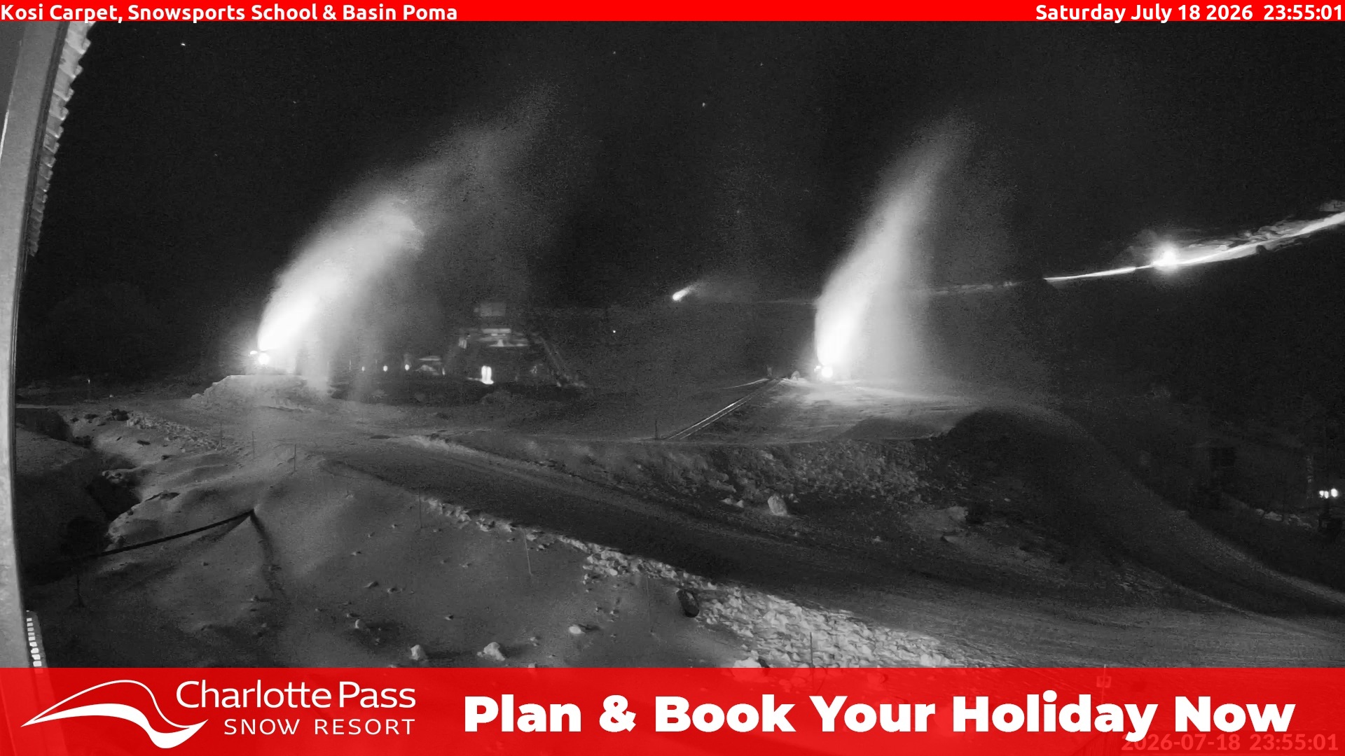 Charlotte Pass Kosi Carpet, Snowsports School and Basin Poma snow cam captured at 18 July 2026 at 11:57 pm AEST