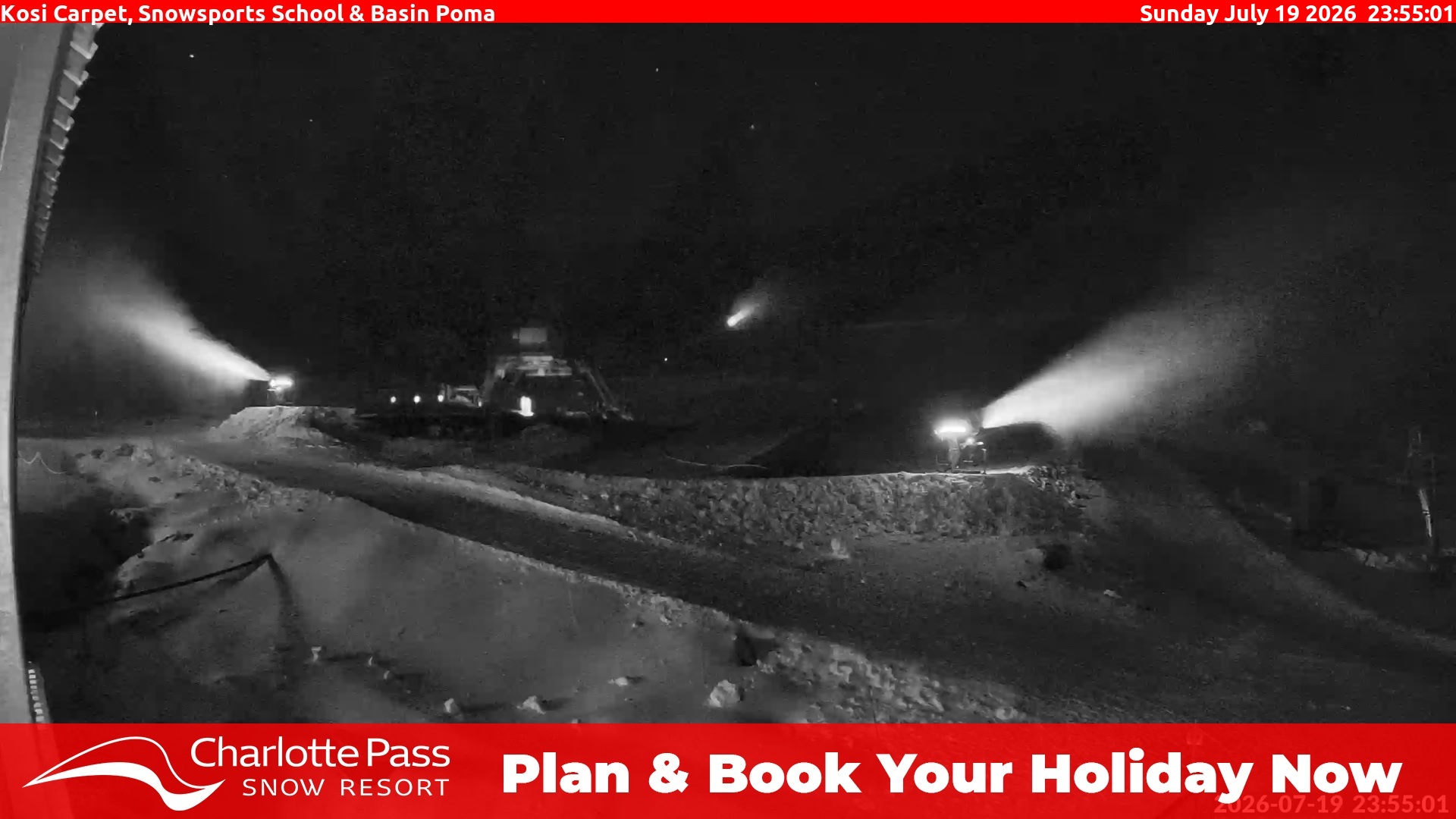 Charlotte Pass Kosi Carpet, Snowsports School and Basin Poma snow cam captured at 19 July 2026 at 11:58 pm AEST