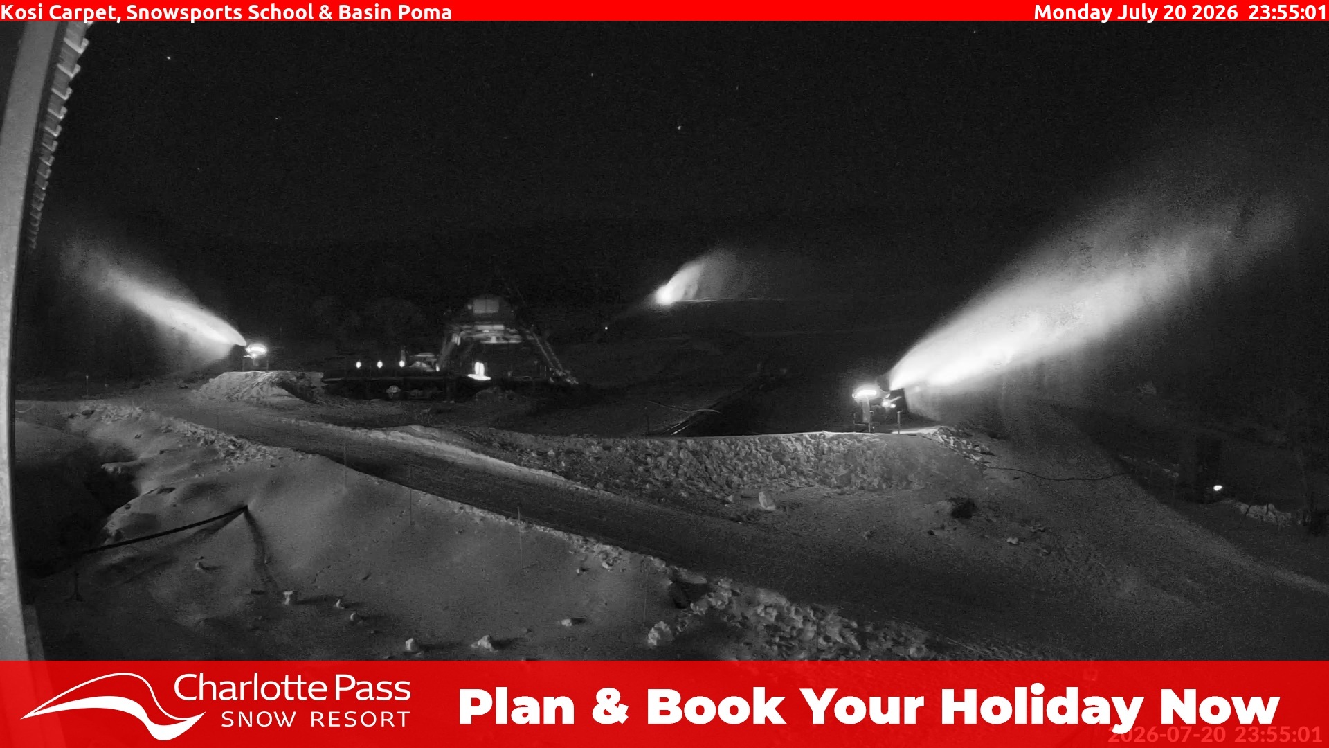 Charlotte Pass Kosi Carpet, Snowsports School and Basin Poma snow cam captured at 20 July 2026 at 11:59 pm AEST