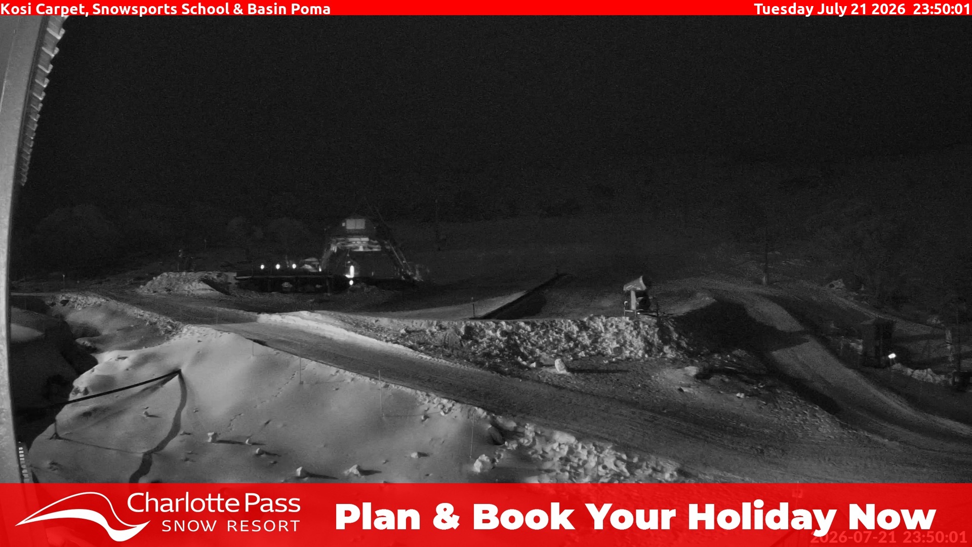 Charlotte Pass Kosi Carpet, Snowsports School and Basin Poma snow cam captured at 21 July 2026 at 11:50 pm AEST