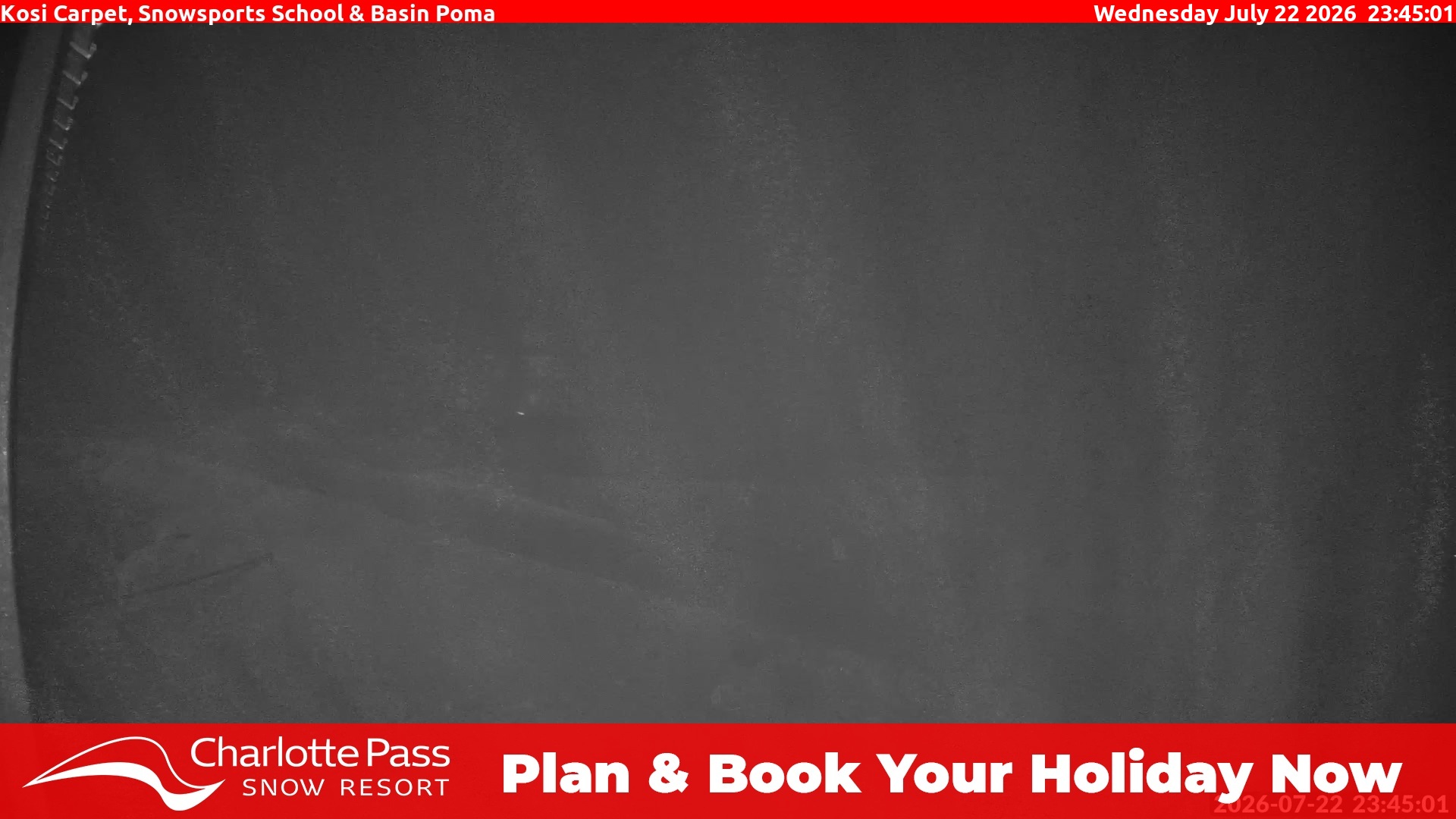 Charlotte Pass Kosi Carpet, Snowsports School and Basin Poma snow cam captured at 22 July 2026 at 11:49 pm AEST