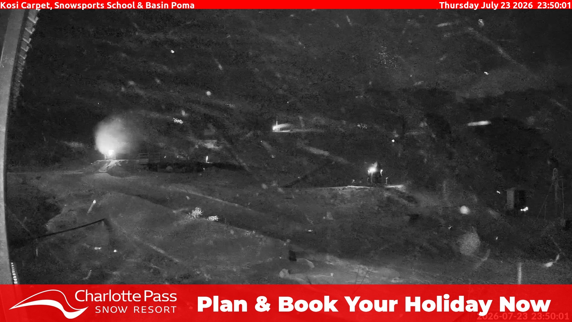 Charlotte Pass Kosi Carpet, Snowsports School and Basin Poma snow cam captured at 23 July 2026 at 11:51 pm AEST