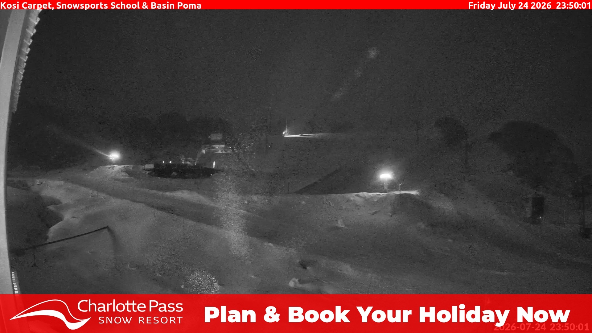 Charlotte Pass Kosi Carpet, Snowsports School and Basin Poma snow cam captured at 24 July 2026 at 11:53 pm AEST