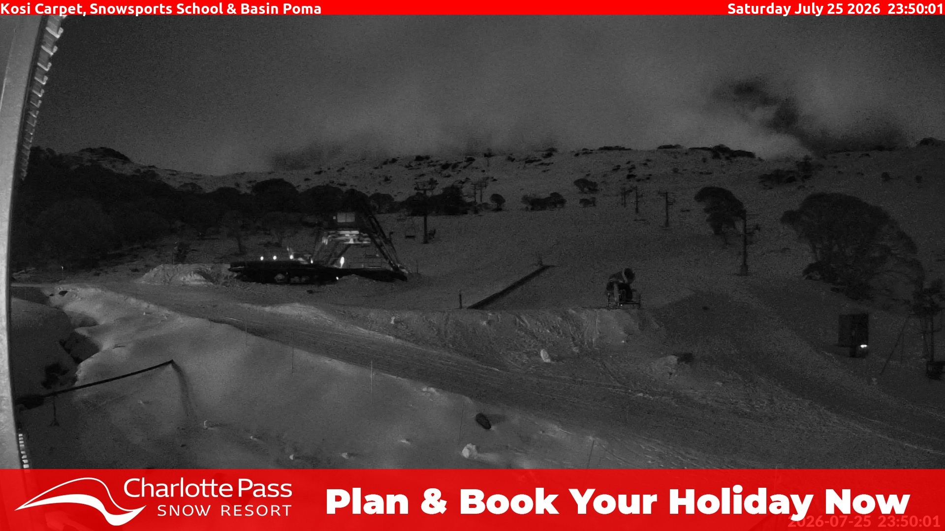 Charlotte Pass Kosi Carpet, Snowsports School and Basin Poma snow cam captured at 25 July 2026 at 11:54 pm AEST