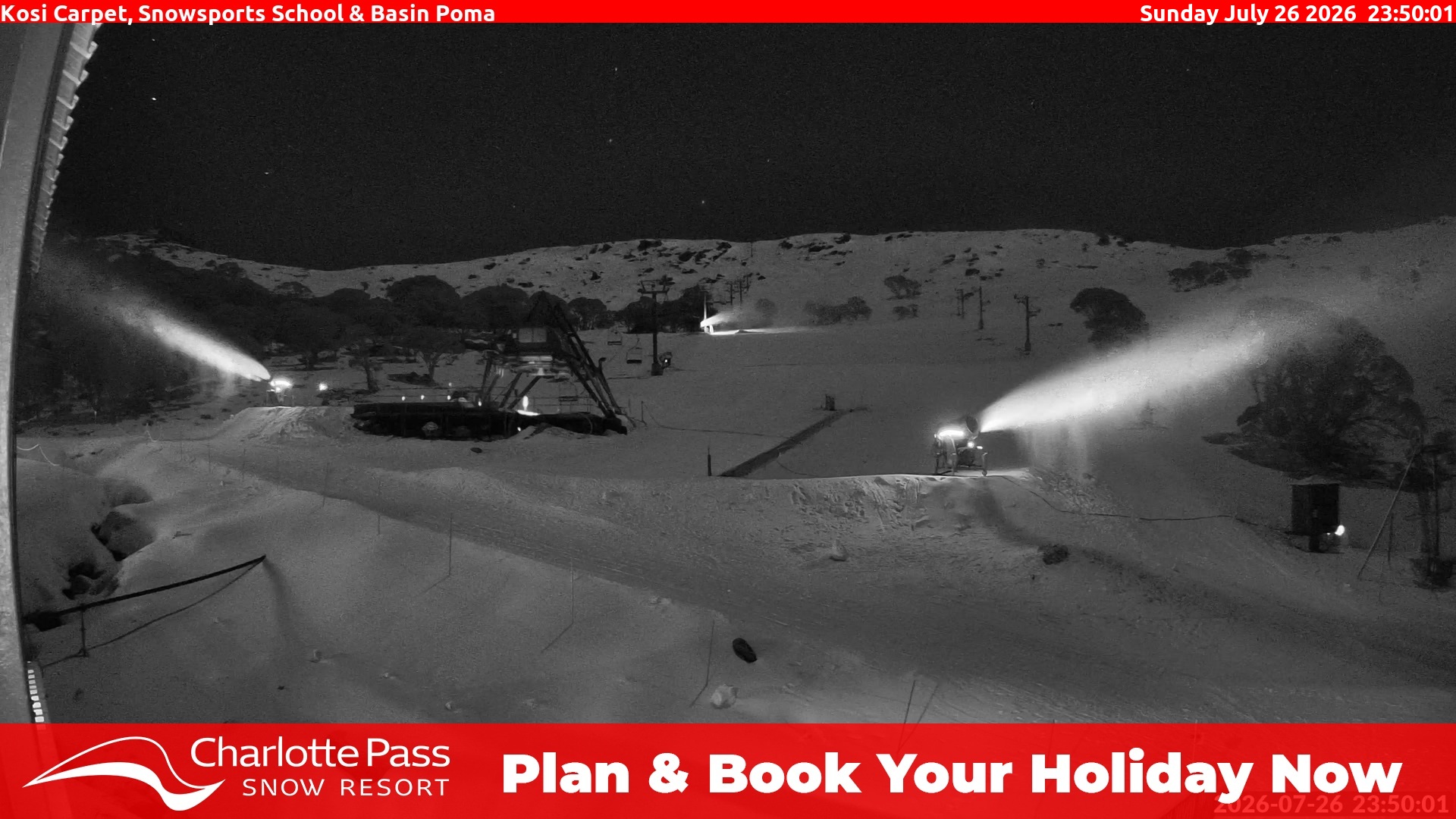 Charlotte Pass Kosi Carpet, Snowsports School and Basin Poma snow cam captured at 26 July 2026 at 11:55 pm AEST