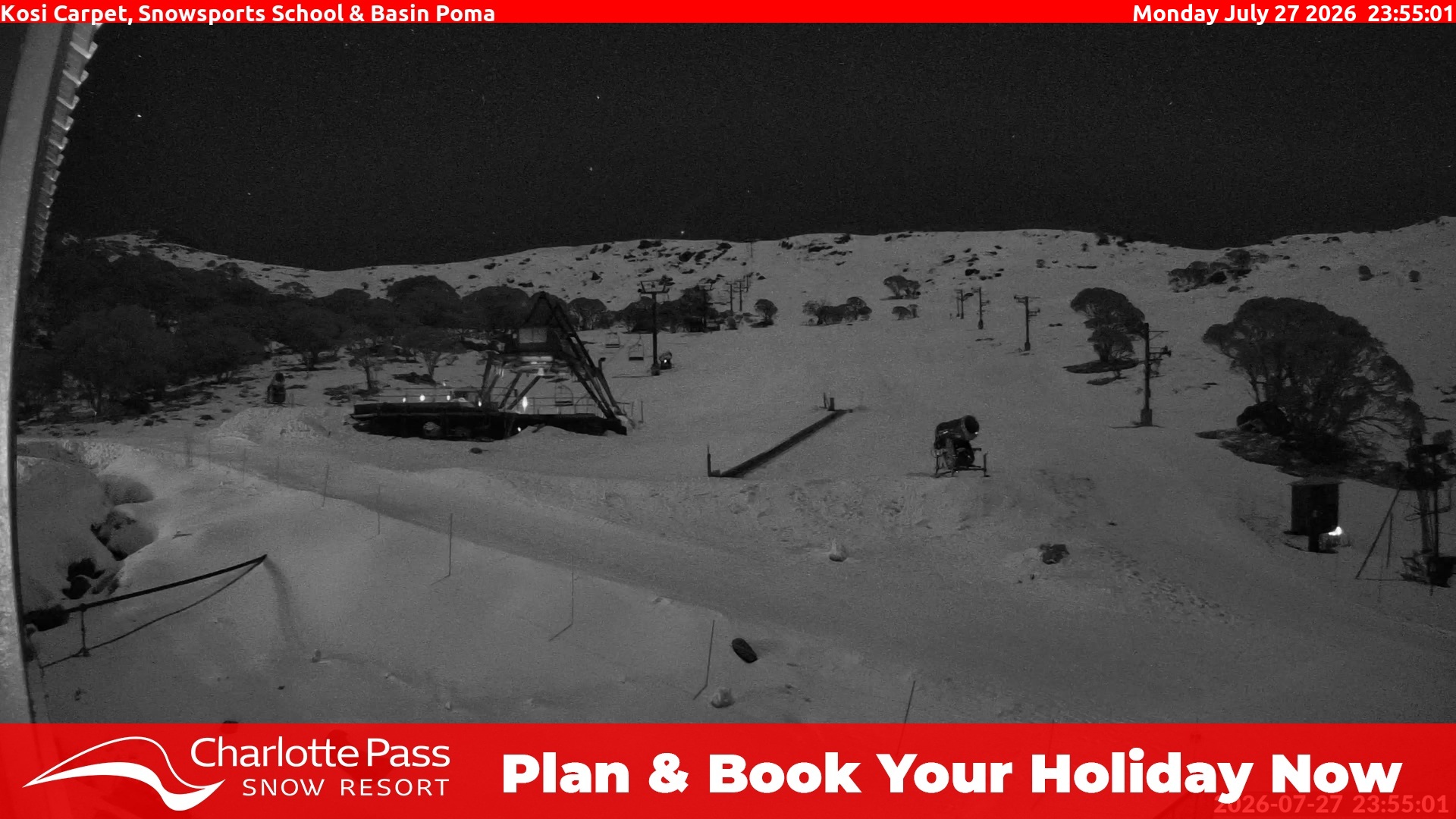 Charlotte Pass Kosi Carpet, Snowsports School and Basin Poma snow cam captured at 27 July 2026 at 11:56 pm AEST