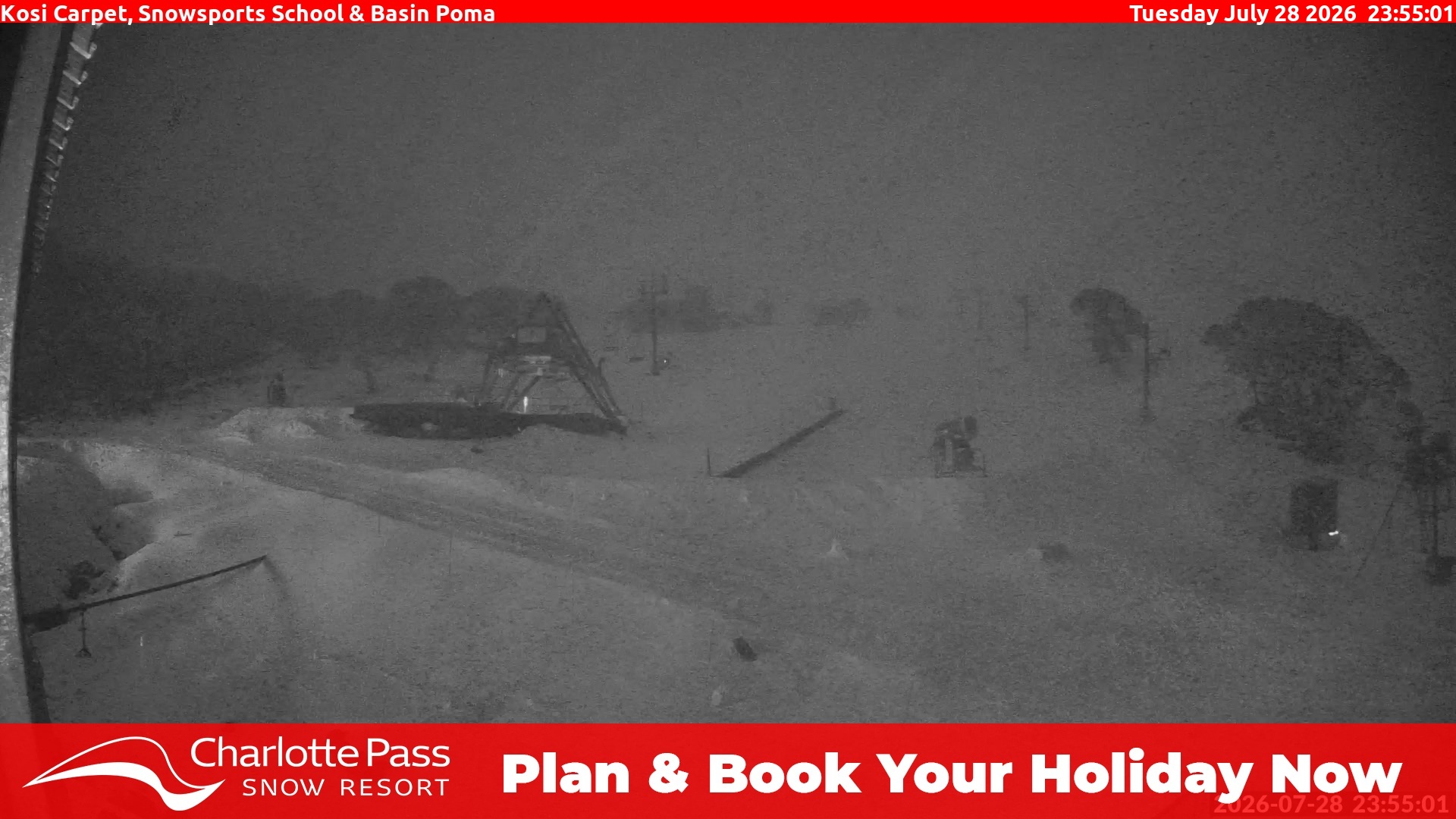 Charlotte Pass Kosi Carpet, Snowsports School and Basin Poma snow cam captured at 28 July 2026 at 11:57 pm AEST