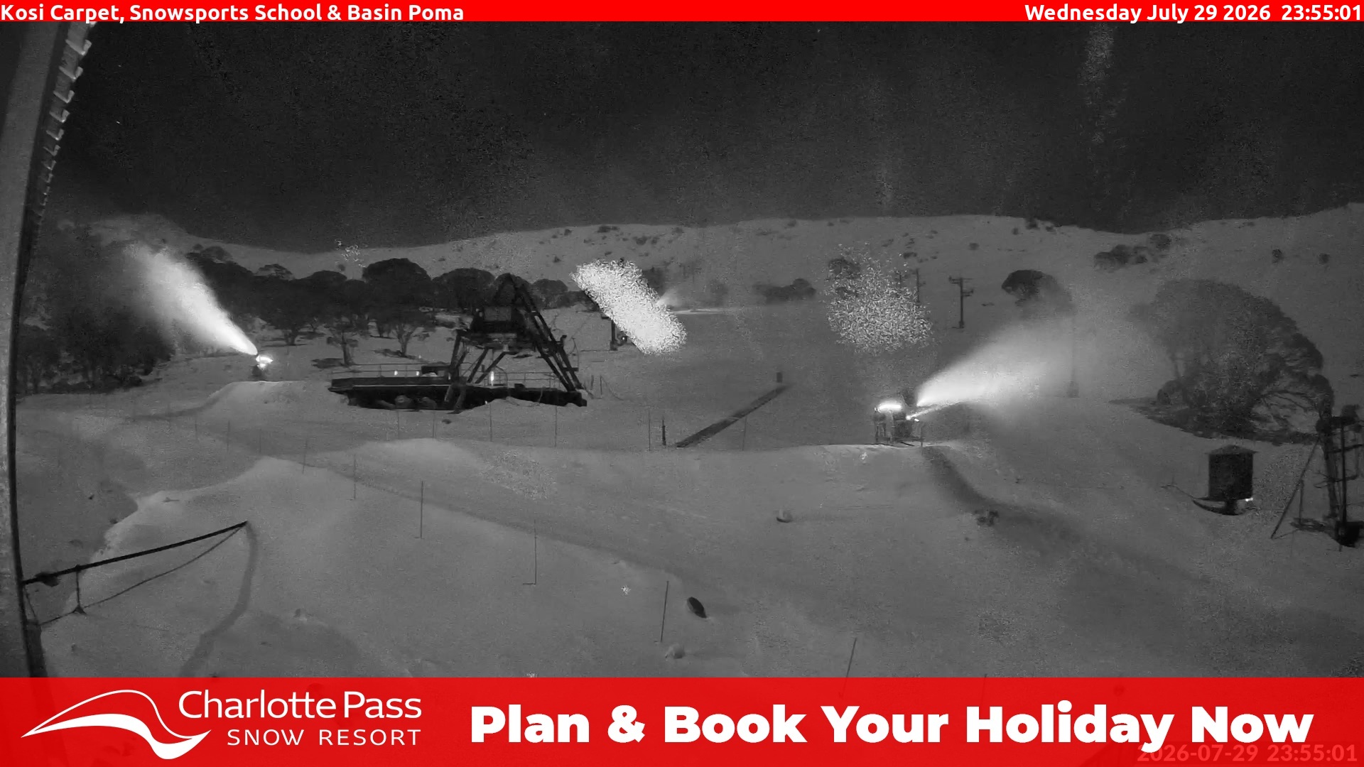 Charlotte Pass Kosi Carpet, Snowsports School and Basin Poma snow cam captured at 29 July 2026 at 11:57 pm AEST