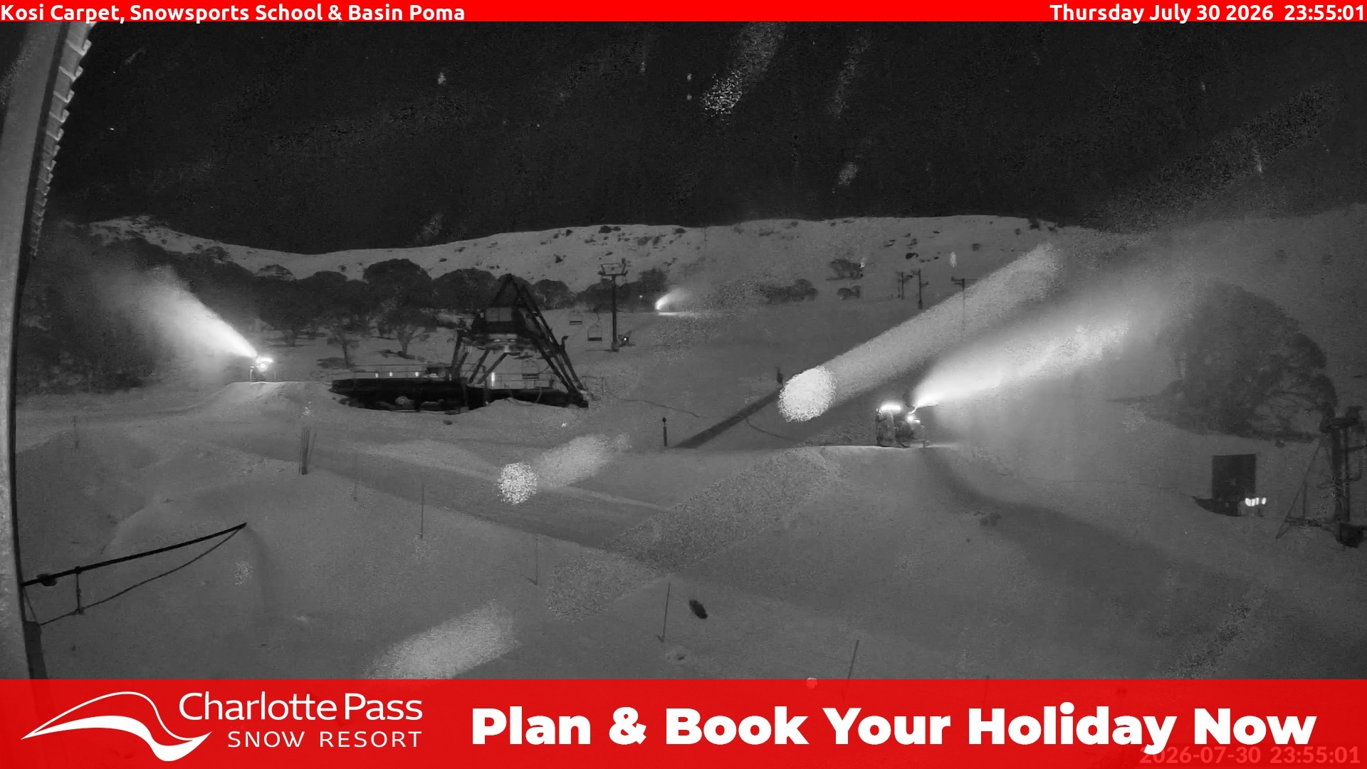 Charlotte Pass Kosi Carpet, Snowsports School and Basin Poma snow cam captured at 30 July 2026 at 11:58 pm AEST