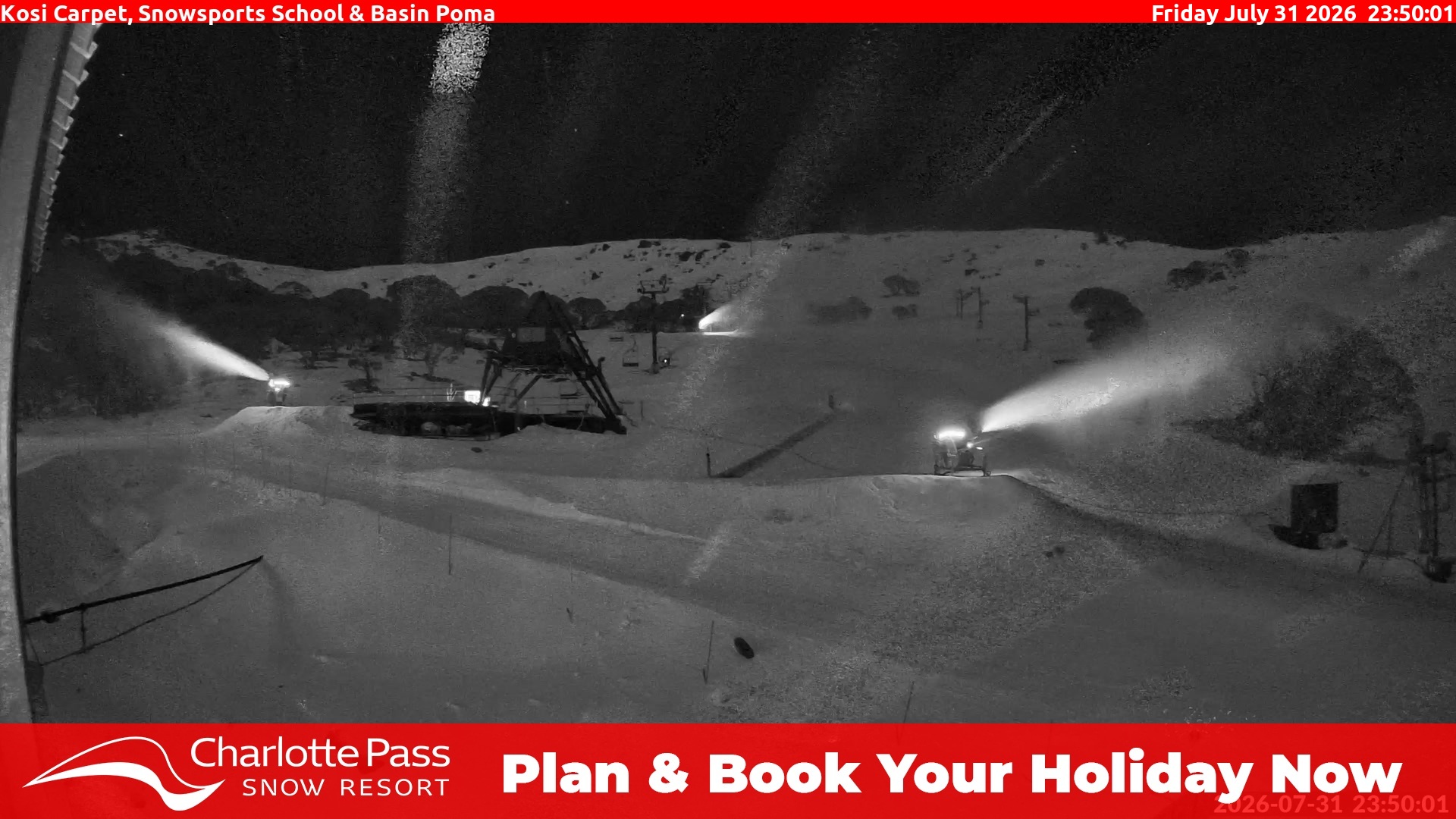 Charlotte Pass Kosi Carpet, Snowsports School and Basin Poma snow cam captured at 31 July 2026 at 11:54 pm AEST