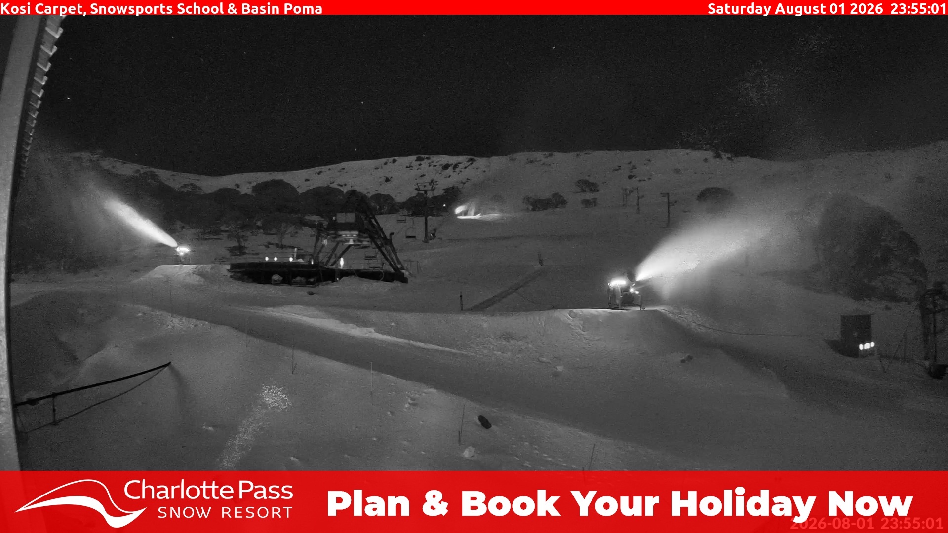 Charlotte Pass Kosi Carpet, Snowsports School and Basin Poma snow cam captured at 1 August 2026 at 11:55 pm AEST