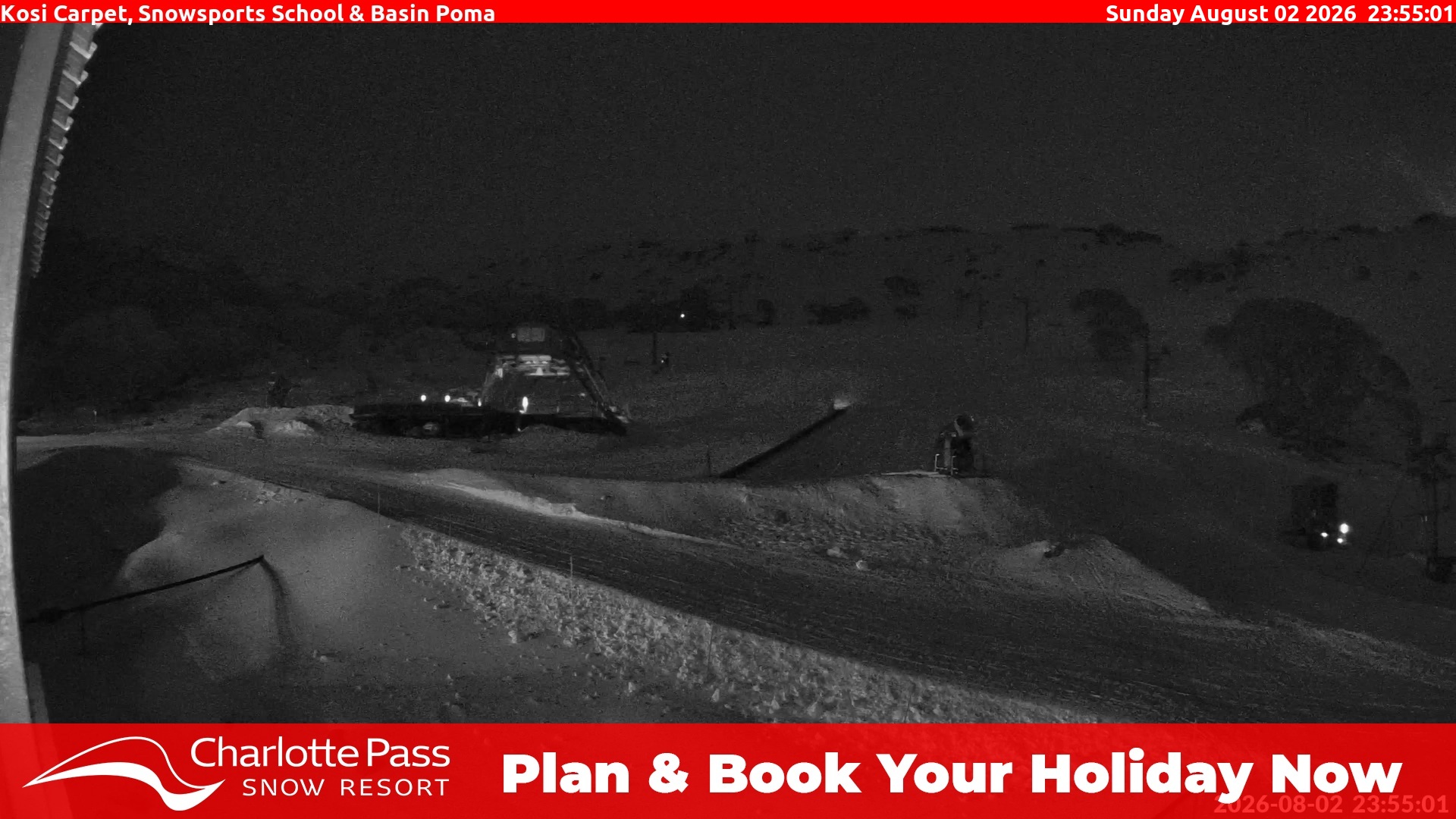 Charlotte Pass Kosi Carpet, Snowsports School and Basin Poma snow cam captured at 2 August 2026 at 11:55 pm AEST