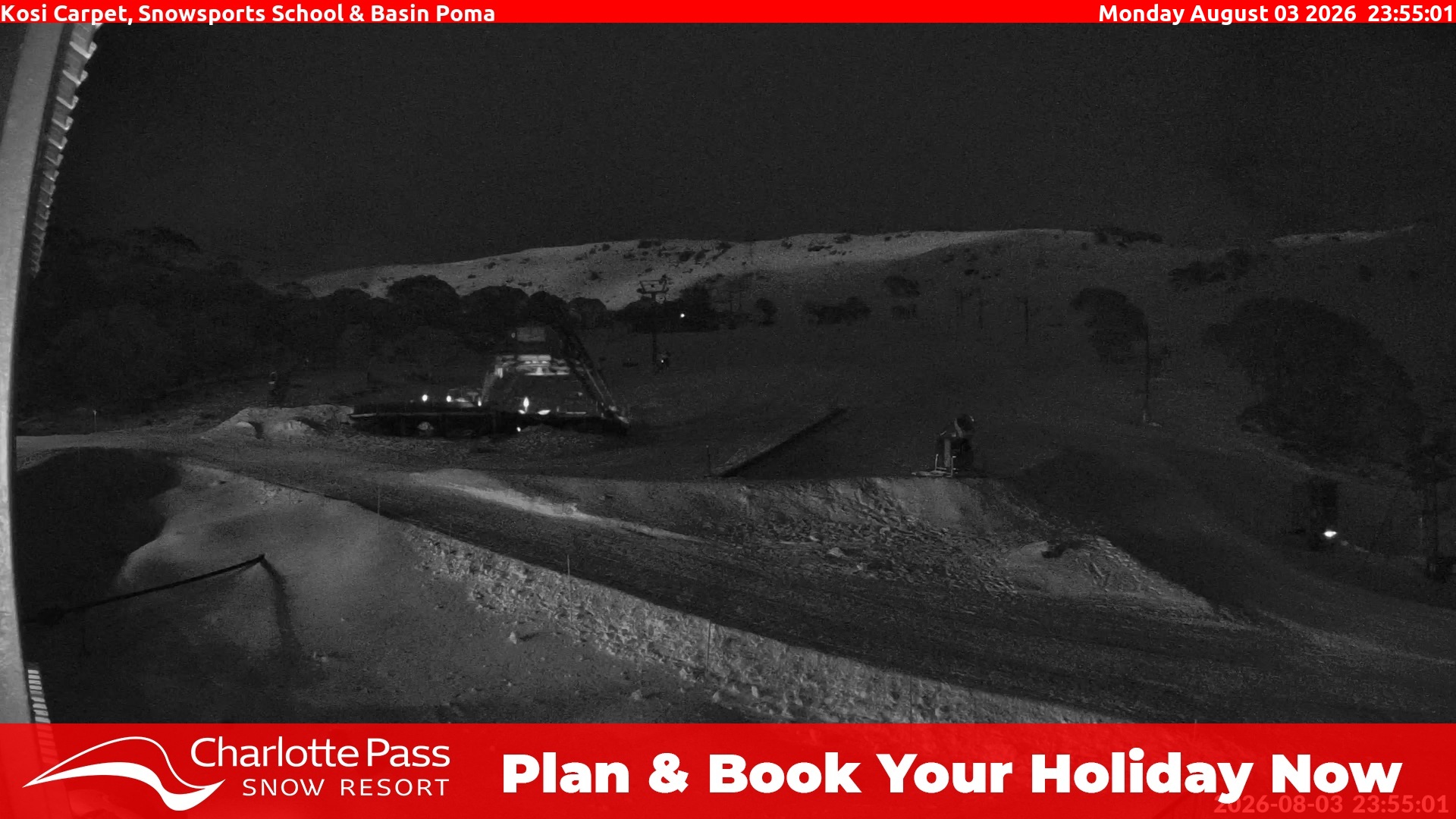 Charlotte Pass Kosi Carpet, Snowsports School and Basin Poma snow cam captured at 3 August 2026 at 11:56 pm AEST