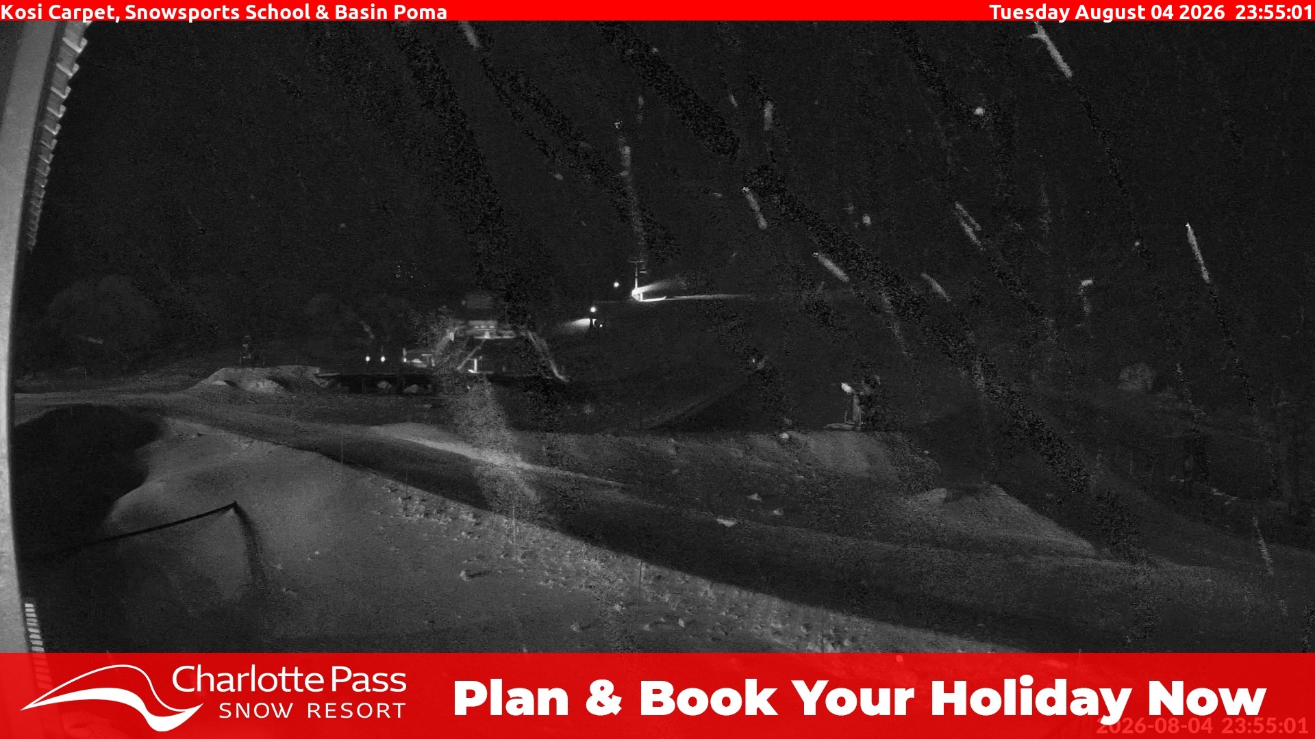 Charlotte Pass Kosi Carpet, Snowsports School and Basin Poma snow cam captured at 4 August 2026 at 11:57 pm AEST