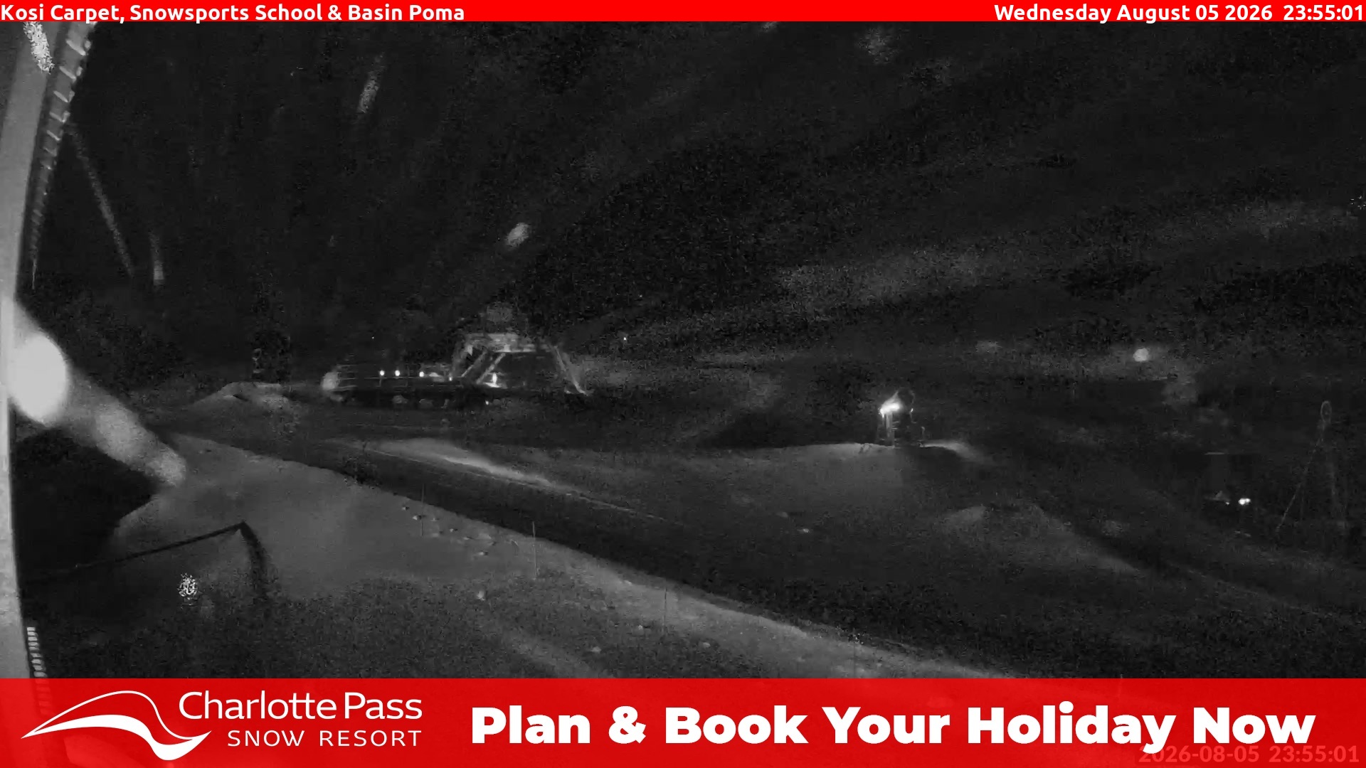 Charlotte Pass Kosi Carpet, Snowsports School and Basin Poma snow cam captured at 5 August 2026 at 11:58 pm AEST