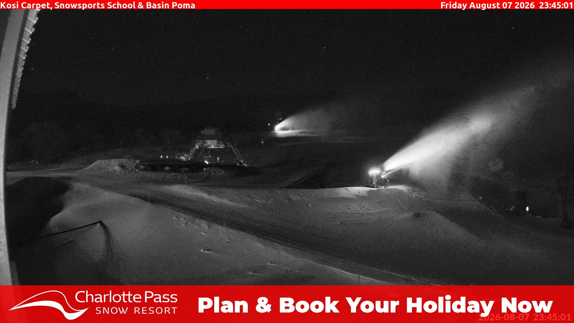 Charlotte Pass Kosi Carpet, Snowsports School and Basin Poma snow cam captured at 7 August 2026 at 11:49 pm AEST