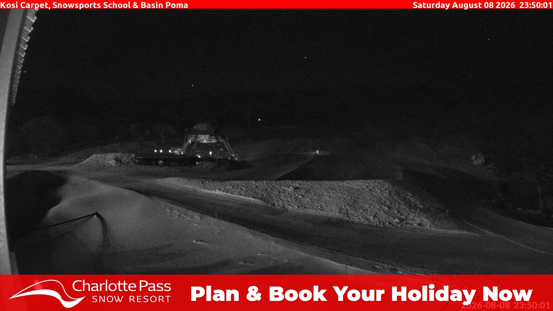 Charlotte Pass Kosi Carpet, Snowsports School and Basin Poma snow cam captured at 8 August 2026 at 11:50 pm AEST