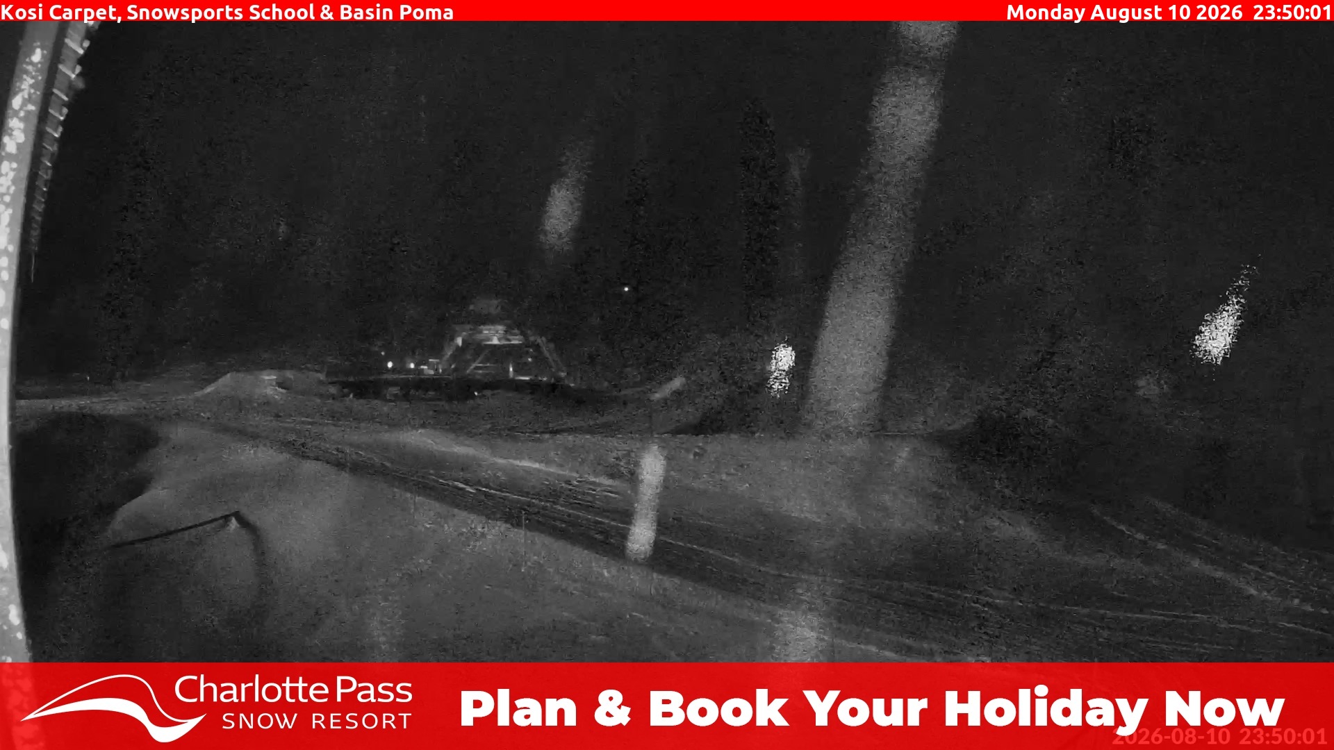 Charlotte Pass Kosi Carpet, Snowsports School and Basin Poma snow cam captured at 10 August 2026 at 11:52 pm AEST